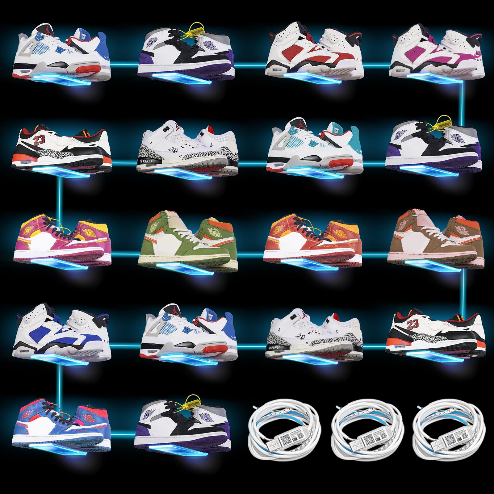 DILIBRA 6-Pack LED Floating Shoe Display Shelf - Glow Color Changing Clear Acrylic Wall Mount Sneaker Shelves for Nike, Jordan & Collectible Shoes (18Pcs+Clear) - Perfect for Bedroom, Game Room & Sneakerhead Collections