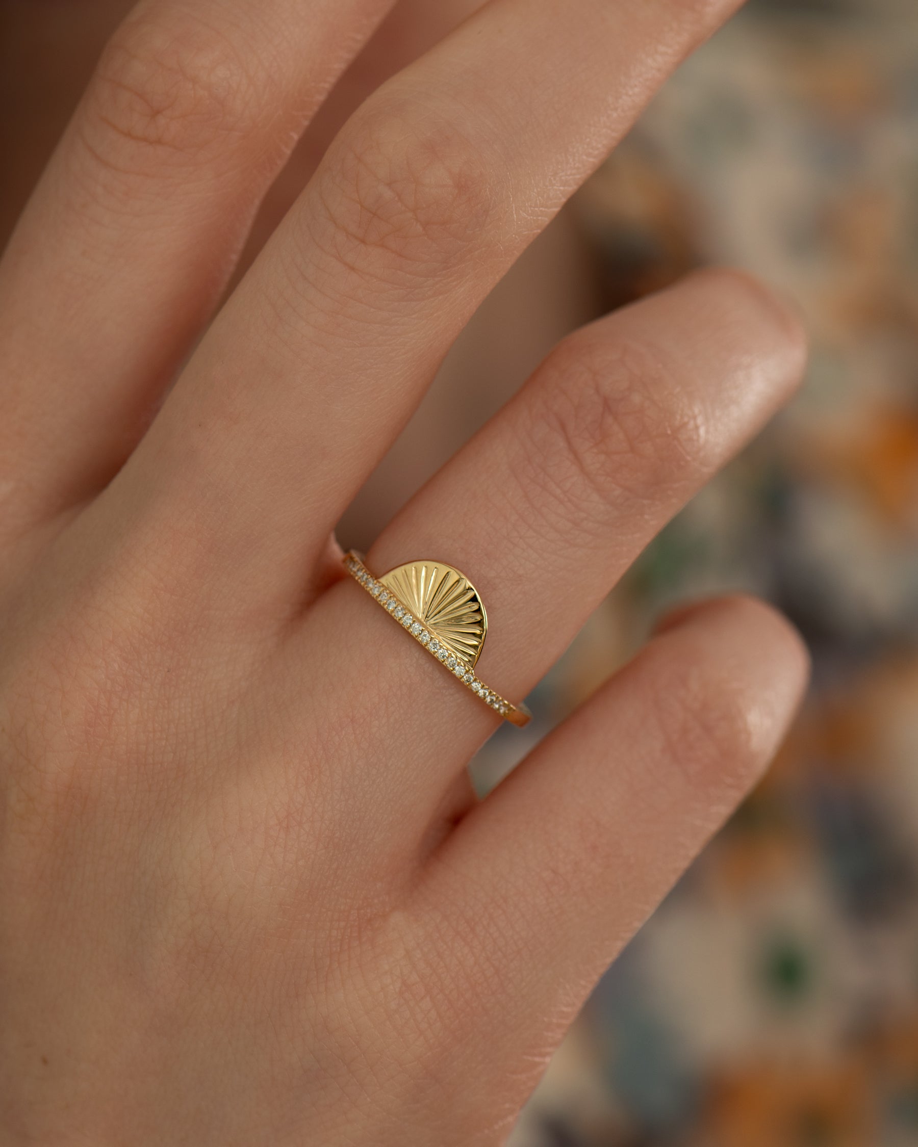 Golden Sundial Wedding Band with Brilliant Diamond Pave - Elegant Diamond Ring for Women, Perfect for Engagement, Anniversary & Special Occasions