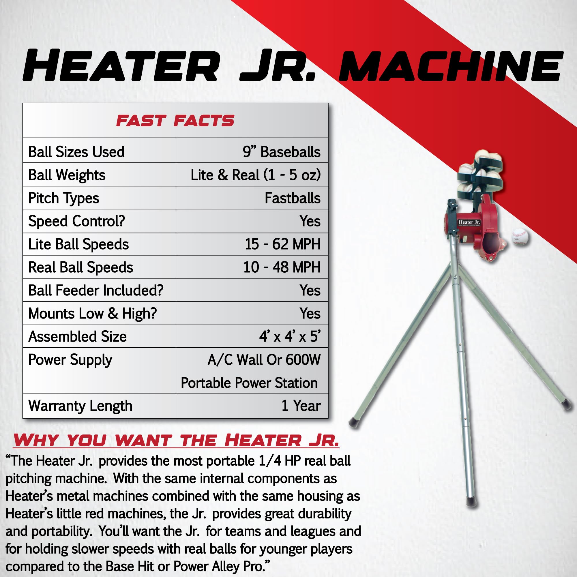 Heater Sports Junior Baseball Pitching Machine - Portable & Adjustable Speed/Angle for Kids Batting Practice | Youth Baseball Training Equipment for Backyard, Field & Team Drills