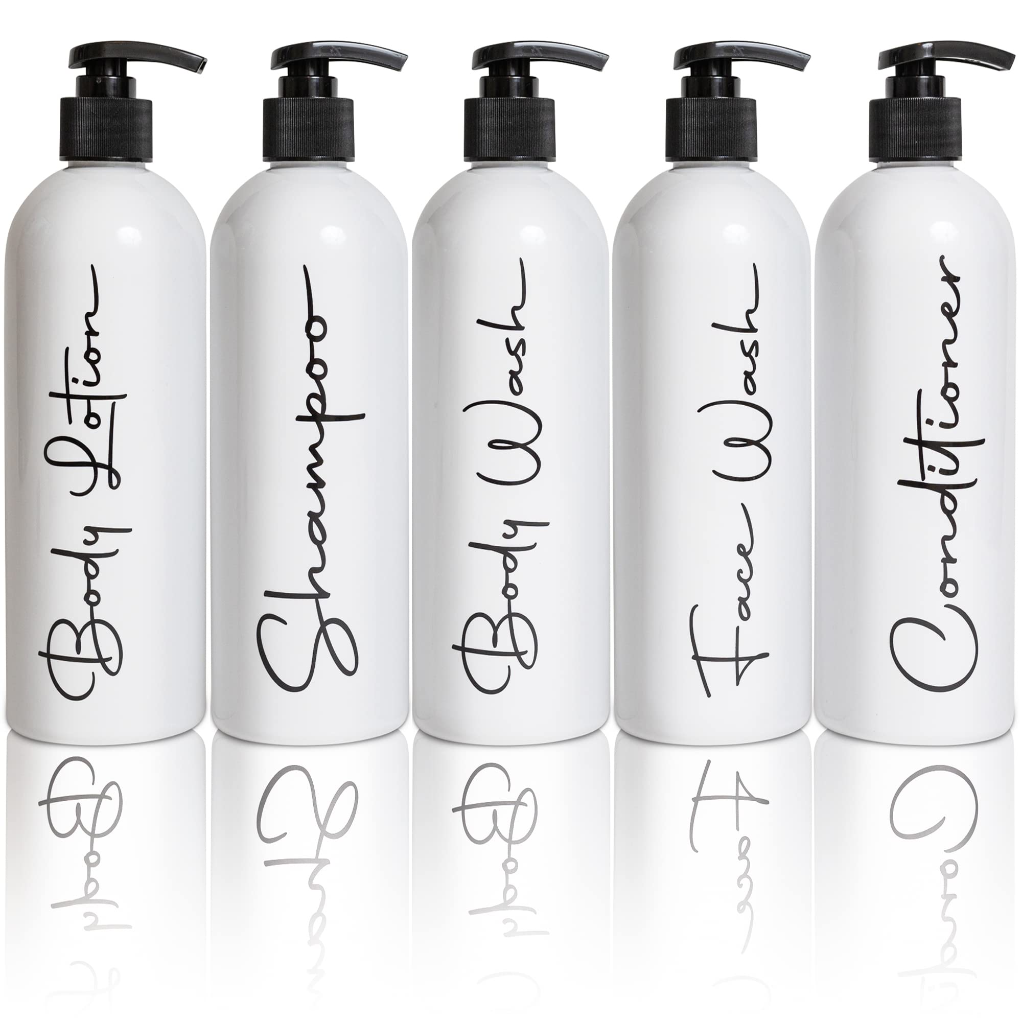 Alora - Set of 5 Reusable 16oz Pump Bottles for Shampoo, Conditioner, Body Wash & Lotion - Refillable Dispenser Containers with Permanent Labels - Perfect for Shower, Bathroom & Travel Organization