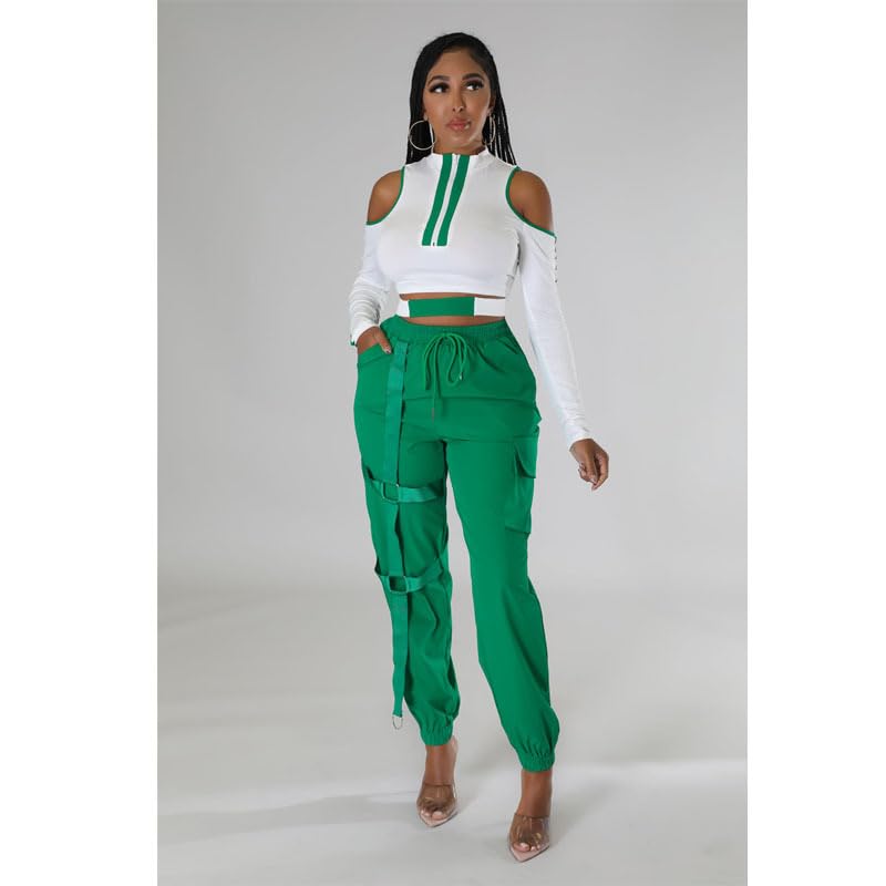 VOIKERDR Women's Two Piece Outfits - Off Shoulder Crop Top & High Waist Bodycon Pants Colorblock Tracksuit Set | Casual Streetwear, Gym Workout, Party Outfit