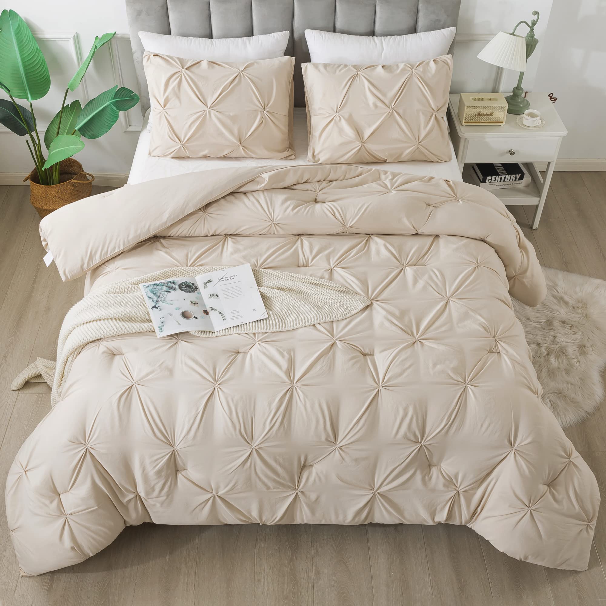 Andency Beige Full Size Comforter Set (79x90 Inches) - 3 Piece Lightweight Soft Microfiber Bedding with Pinch Pleat Design | All Season Comfort for Bedroom, Guest Room & Dorm