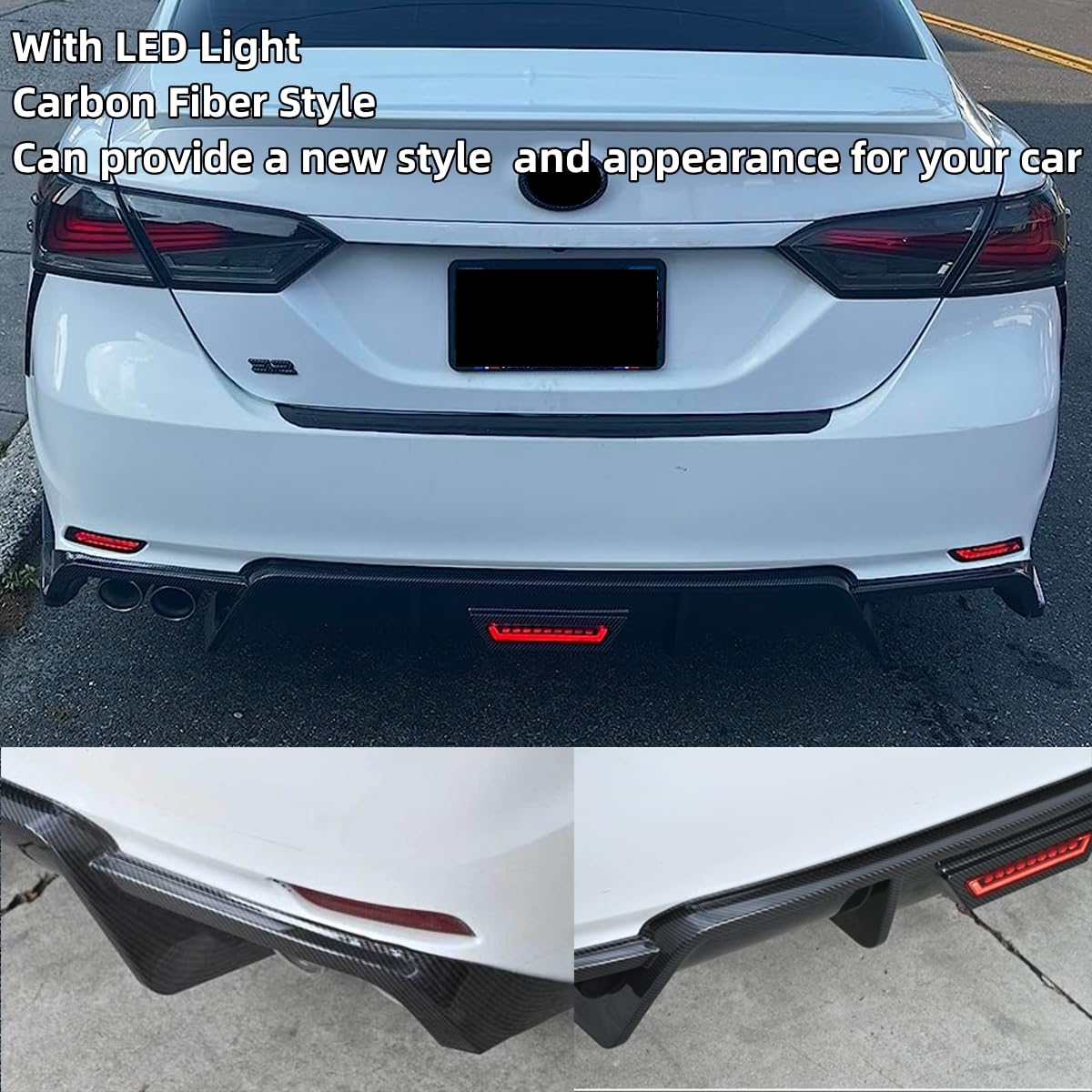 3PCS Rear Lip Bumper Diffuser with LED Lights for 2018-2022 Toyota Camry SE/XSE | Carbon Fiber Style Splitter | Enhanced Aerodynamics & Night Visibility