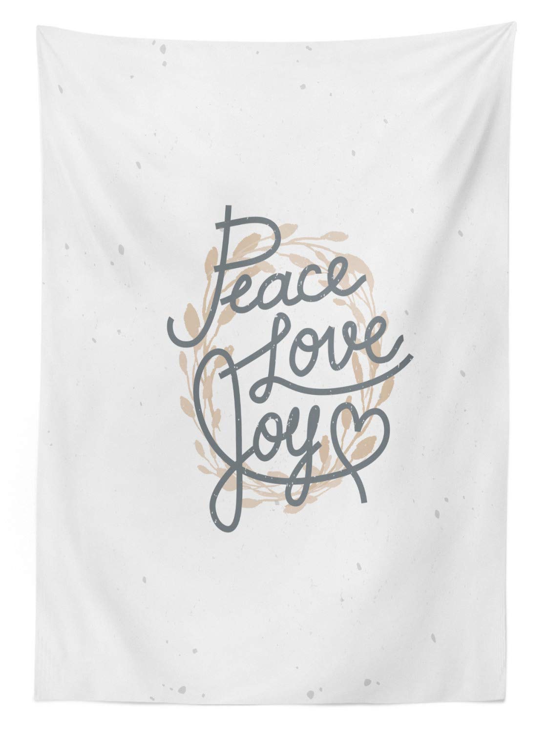 Ambesonne Joy Outdoor Tablecloth - Peace Love & Joy Heart Design with Faded Wreath Pattern, Washable Picnic Table Cover 58x84 Inches, Beige Grey - Perfect for Garden Parties, BBQs, and Holiday Gatherings