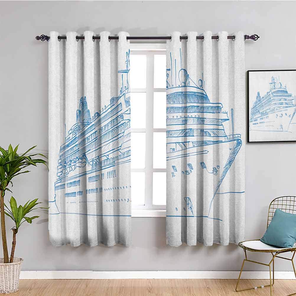 Marine Kitchen Curtains 84 Inch - Hand Drawn Cruise Ship Design Ocean Travel Theme Window Treatment, Blue & White 2 Panel Set (72W x 84L) for Nautical Bathroom Decor, Beach House Coastal Style
