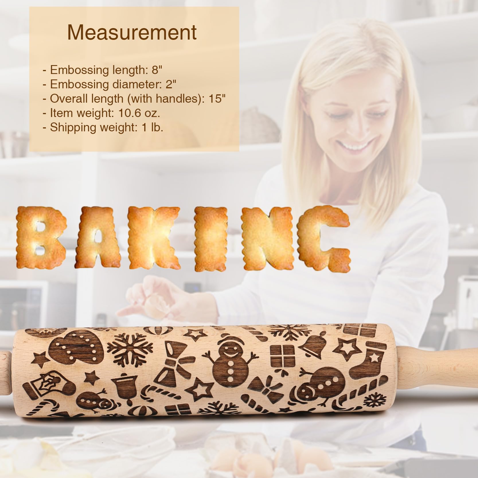 Christmas Snowflake & Snowman Embossed Rolling Pin - Wooden Engraved Cookie Dough Roller for Baking, Springerle, Clay Pottery & Ceramic Crafts - Perfect Holiday Gift for Bakers, Women & Kids (Ideal for Christmas Cookies, DIY Crafts & Family Baking Activities)