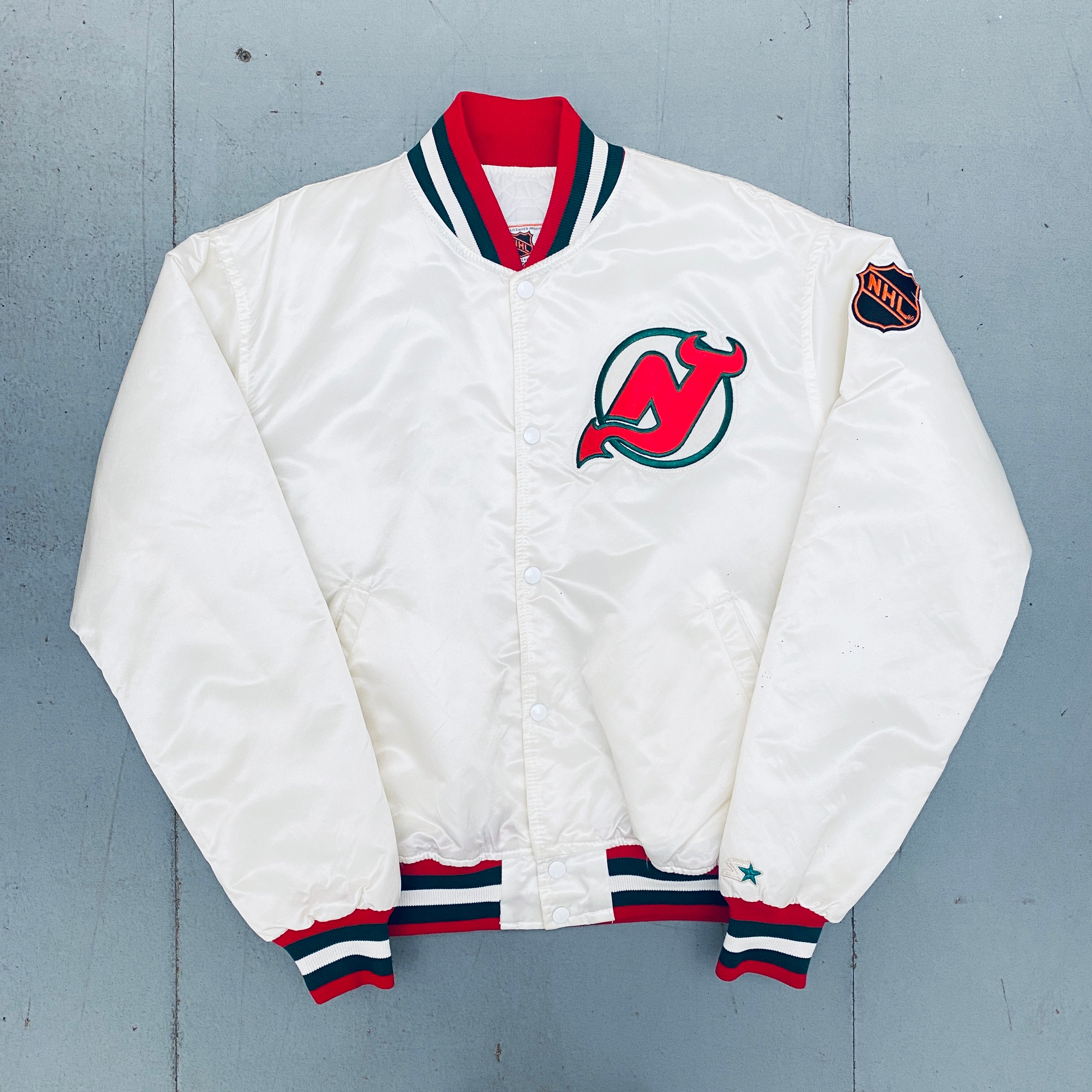 Vintage 1980s New Jersey Devils White Satin Starter Bomber Jacket - XL Size | Retro NHL Hockey Fan Apparel for Men, Game Day Outfits & 80s Themed Parties