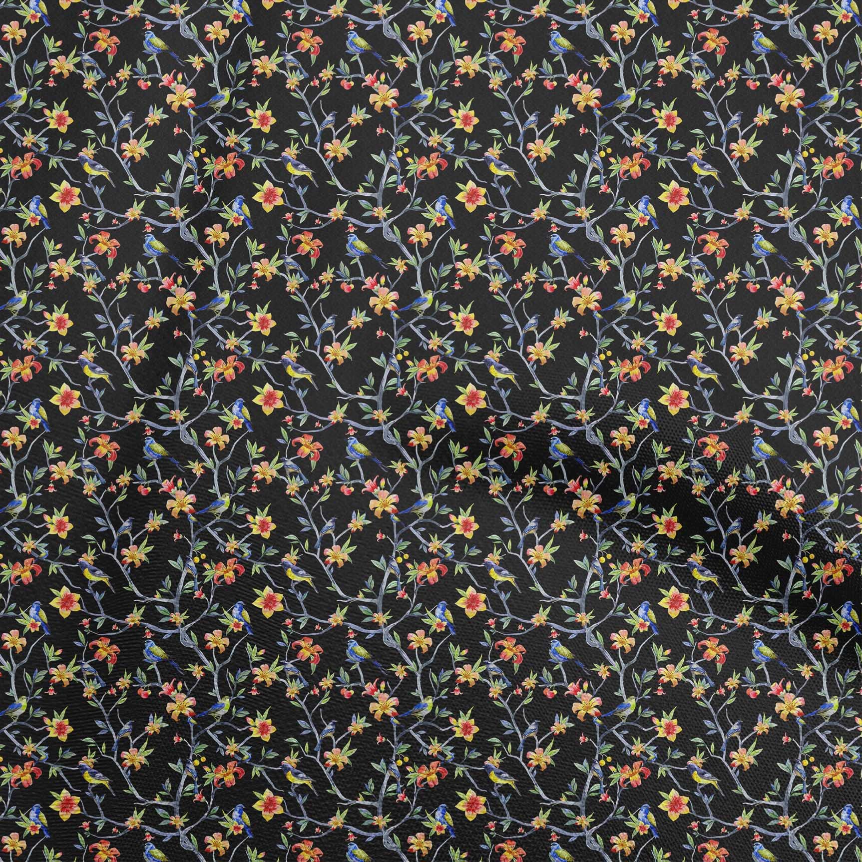 oneOone Polyester Lycra Black Floral Bird Print Fabric - 56 Inch Wide DIY Clothing & Quilting Material for Dresses, Skirts, and Home Decor Projects