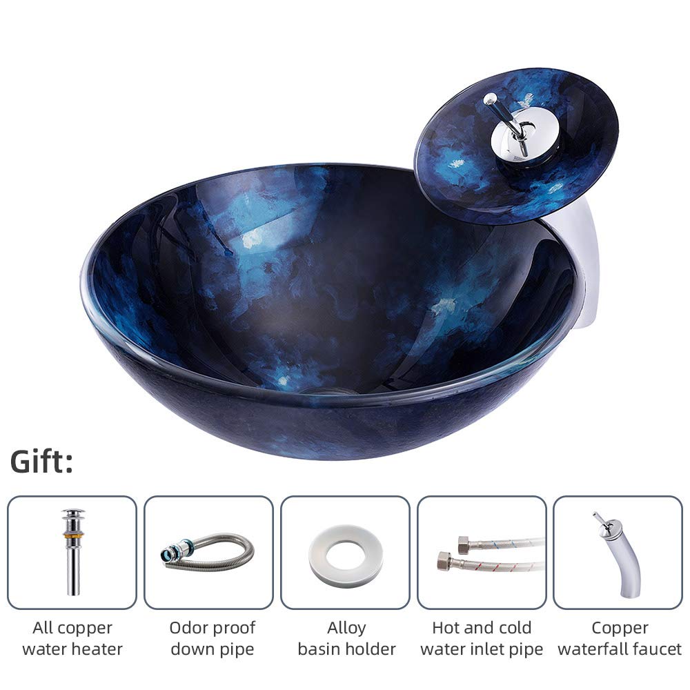 Modern Navy Blue Tempered Glass Vessel Sink - Round Bathroom Vanity Sink for Countertop Installation with Pop-Up Drain - Artistic Waterfall Faucet Compatible - Perfect for Contemporary Bathroom & Powder Room Decor