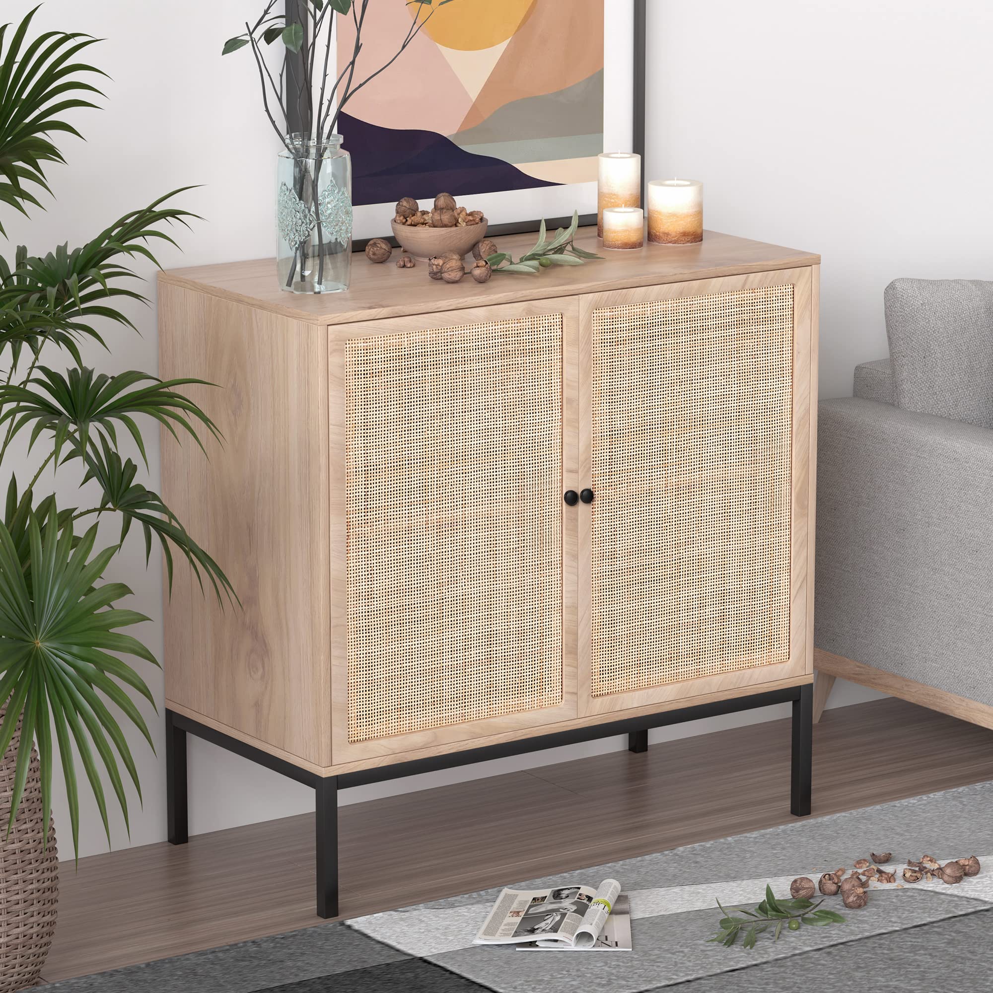 XIAO WEI 3-Piece Rattan Sideboard Cabinet with Hand-Woven Natural Rattan Doors - Storage Buffet Console Table for Kitchen, Living Room, Hallway & Entryway - Natural Finish with Metal Legs | Perfect for Farmhouse Decor, Dining Room Storage & Entryway Organization
