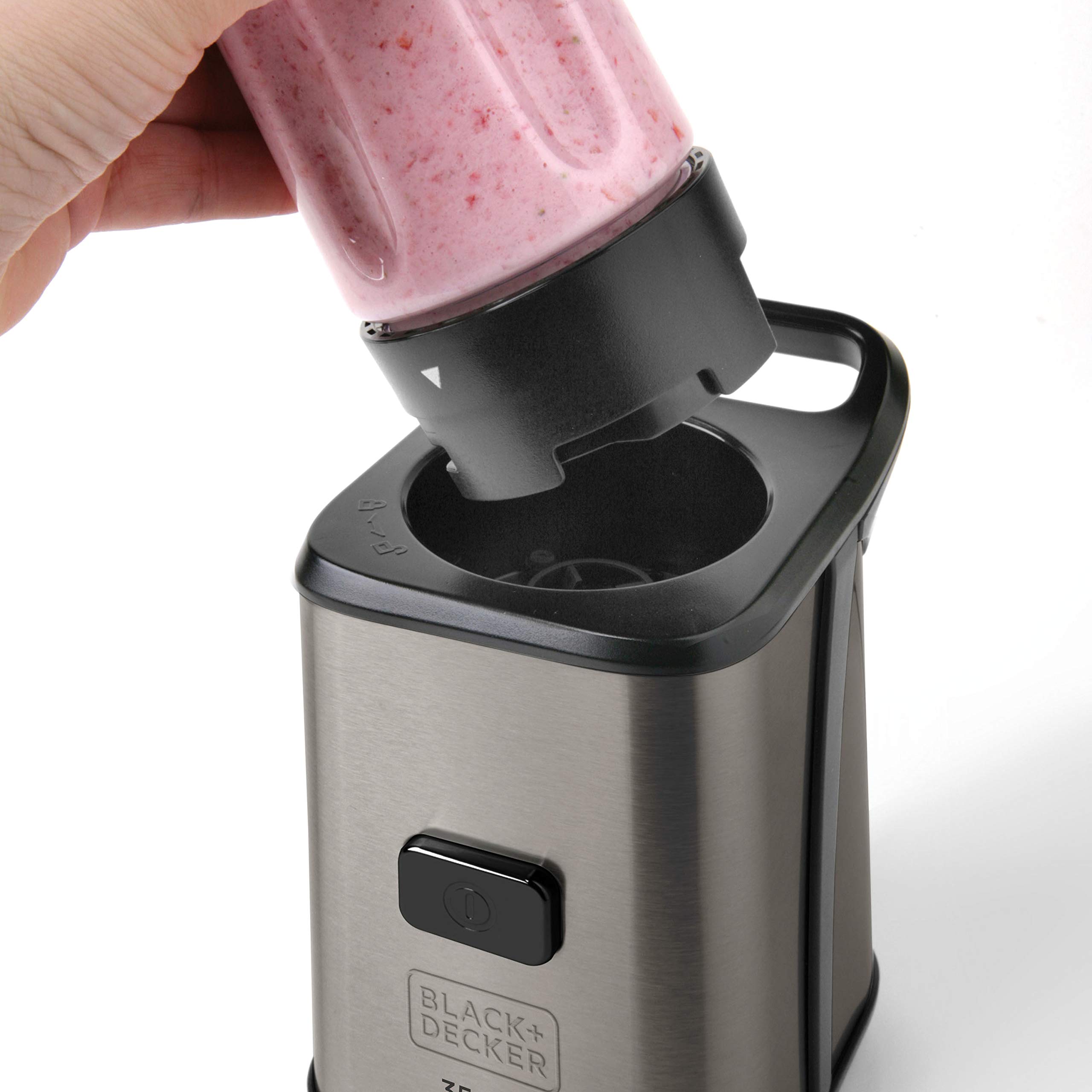 BLACK+DECKER BXJBA350E 350W Mini Blender for Smoothies & Shakes - 2 BPA-Free 600ml Bottles, Leak-Proof Lid, 4 Stainless Steel Blades, Fingerprint-Resistant Black & Steel - Perfect for Kitchen, Office & Travel Use