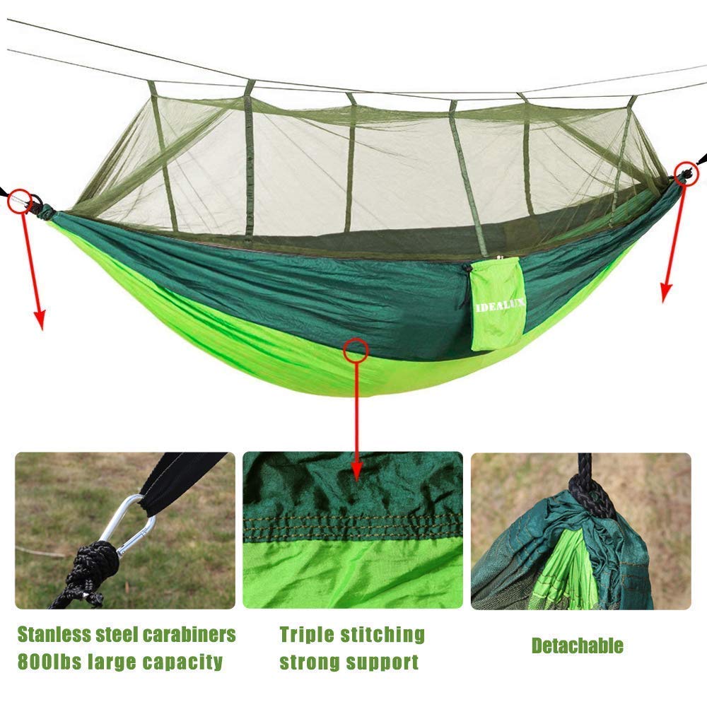 Lightweight Double Camping Hammock with Mosquito Net - 210T Nylon Portable Parachute Hammock for Outdoor Adventures, High Capacity & Tear Resistant - Perfect for Backyard Relaxation, Hiking, Beach Trips & Forest Camping (Green)
