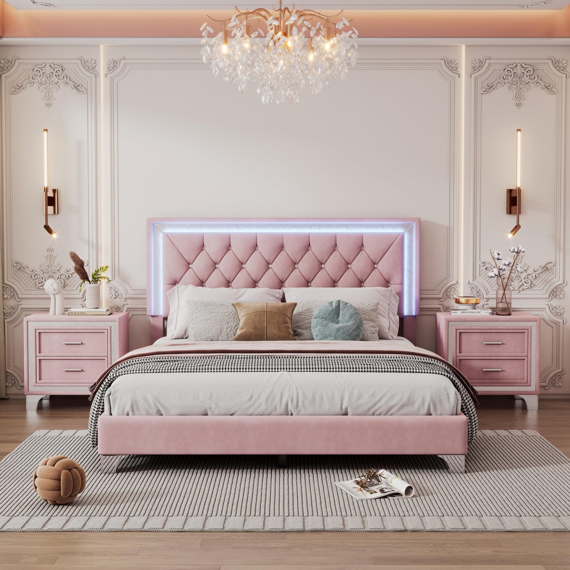 Harper & Bright Designs 3-Piece Queen Bedroom Set with LED Lights - Modern Upholstered Platform Bed & 2 Nightstands, Pink Queen Size Bedroom Furniture for Stylish Master Bedrooms & Guest Rooms