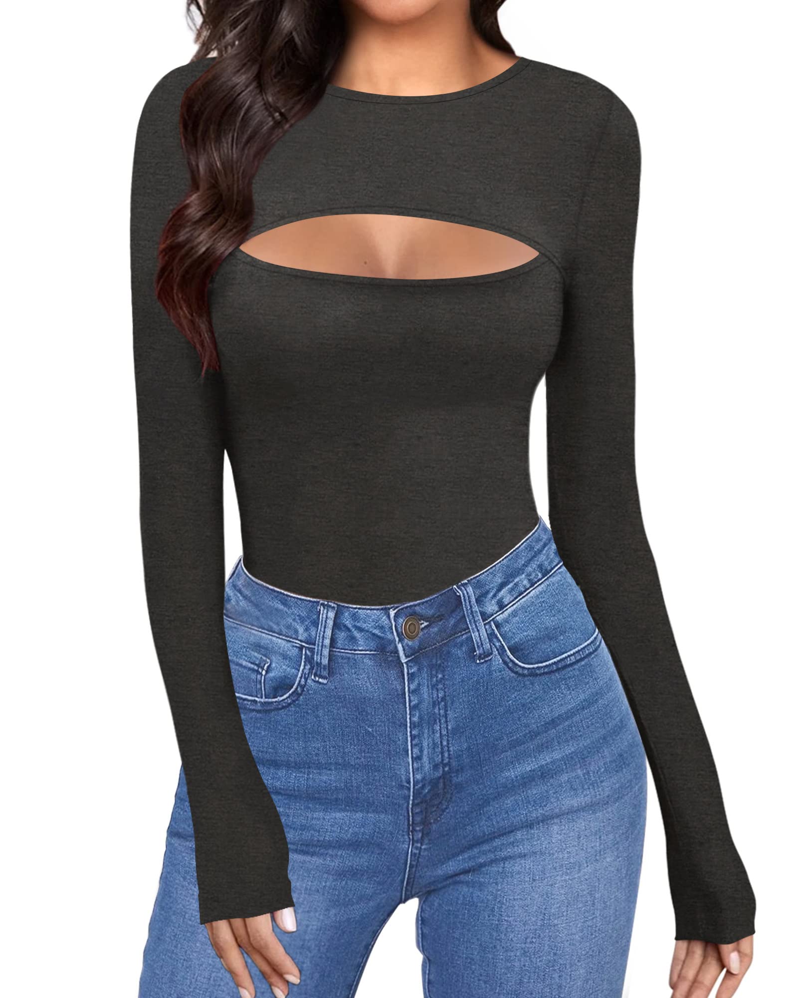 ALGALAROUND Women's Cutout Front Tops - Long Sleeve & Short Sleeve Bodycon T-Shirts for Casual Wear, Night Out & Party Outfits