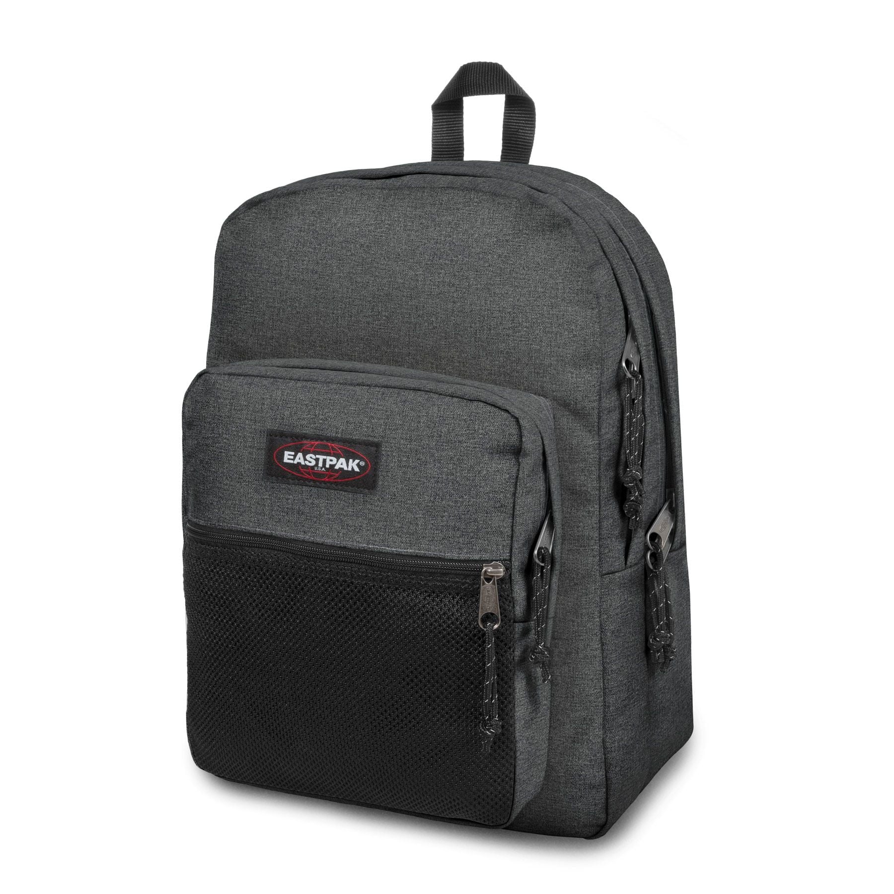 Eastpak Pinnacle Backpack - Black Denim Laptop Backpack for College, Work & Travel | Durable Water-Resistant School Bag with USB Charging Port