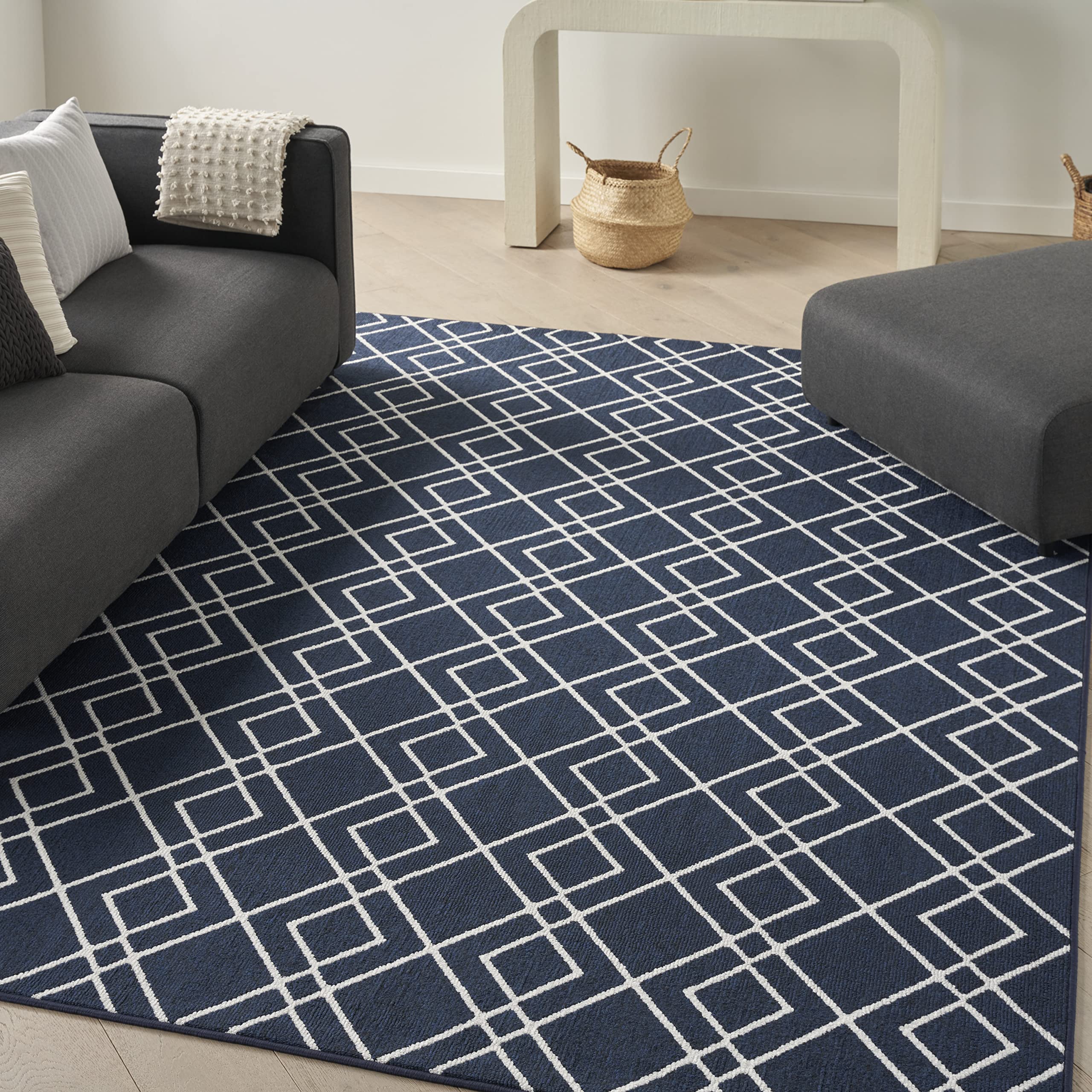 Nourison Modern Geometric Navy Blue 8' x 10' Area Rug - Easy to Clean, Non-Shedding, Soft & Durable - Perfect for Living Room, Bedroom, Dining Room or Kitchen Decor