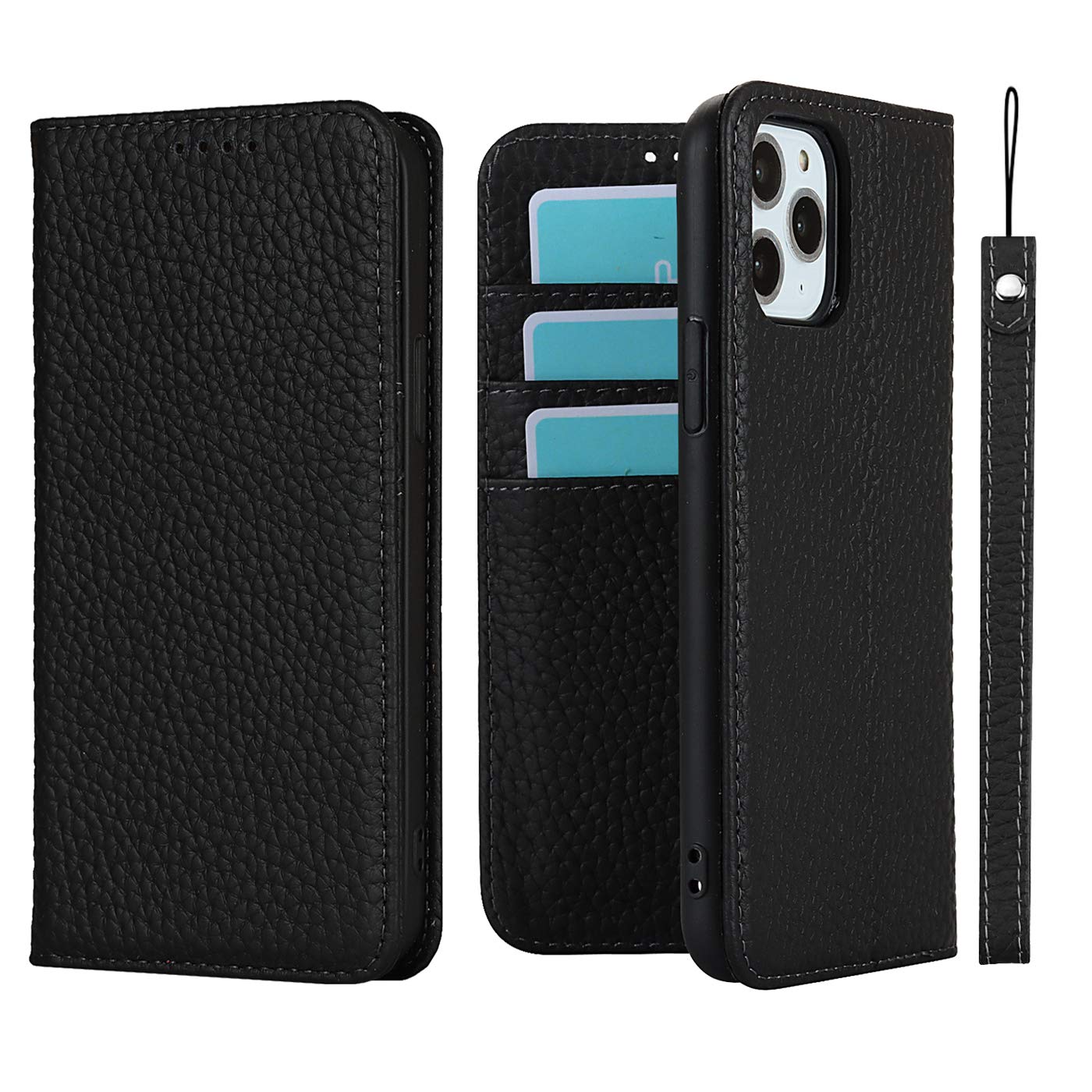 Premium Genuine Leather Wallet Case for iPhone 11 Pro Max (6.5 Inch) - RFID Blocking Flip Folio Cover with Credit Card Holder & Wrist Strap | Magnetic Closure | All Black | Perfect for Business Travel & Everyday Protection