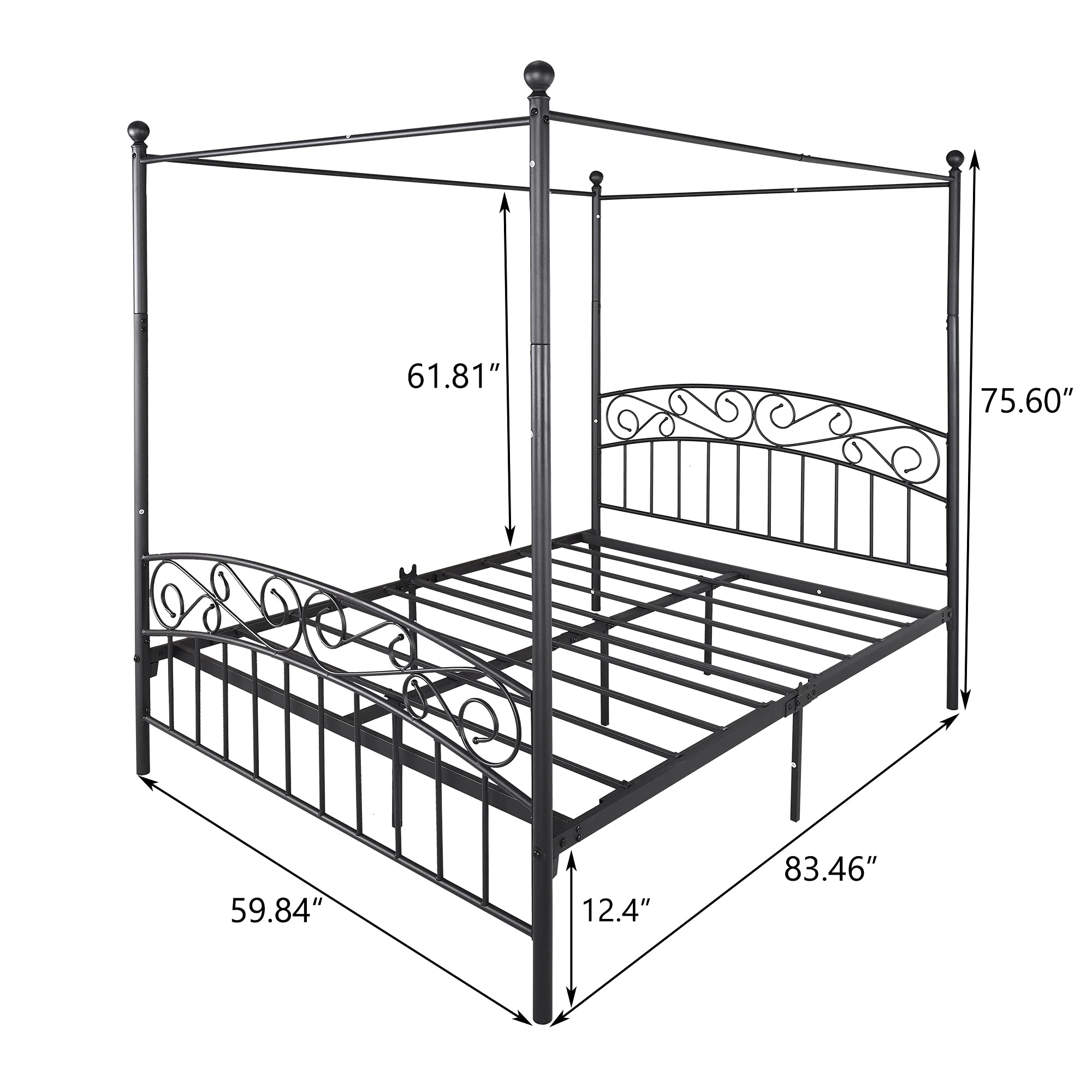 Queen Canopy Bed Frame - Elegant Metal Platform Bed with European Style Headboard & Footboard, No Box Spring Required in Black | Perfect for Master Bedroom, Guest Room & Luxury Bedroom Decor