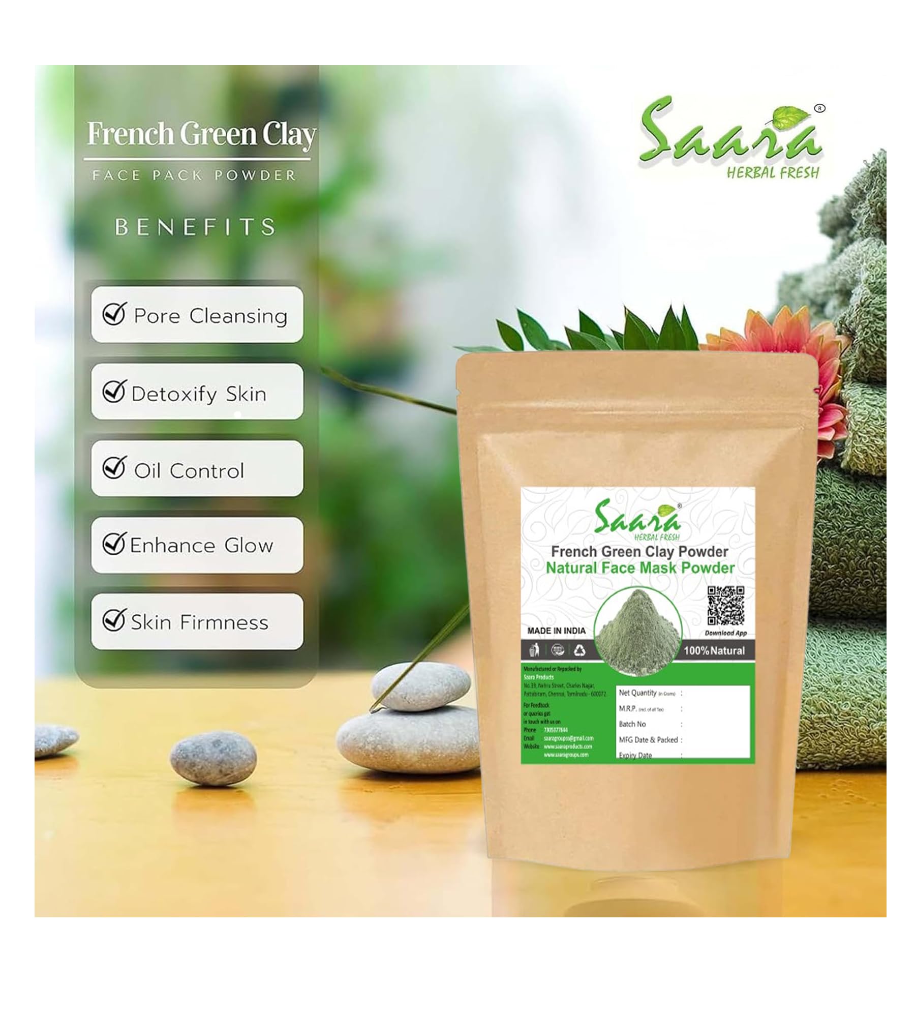 Saara HERBAL FRESH French Green Clay Powder 300g (3 x 100g) | Pure & Natural Face & Body Mask for All Skin Types | Detoxifying Skincare for Acne, Blackheads & Oily Skin | DIY Facial, Body Scrub & Spa Treatment at Home