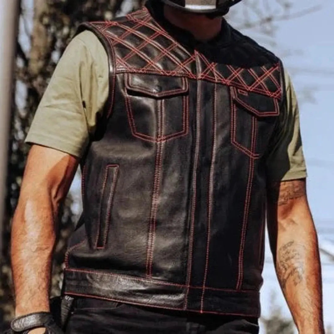 Open Road Men's Upside Leather Vest with Red Stitched Diamonds - Stylish Biker Jacket for Motorcycle Riding & Casual Outfits