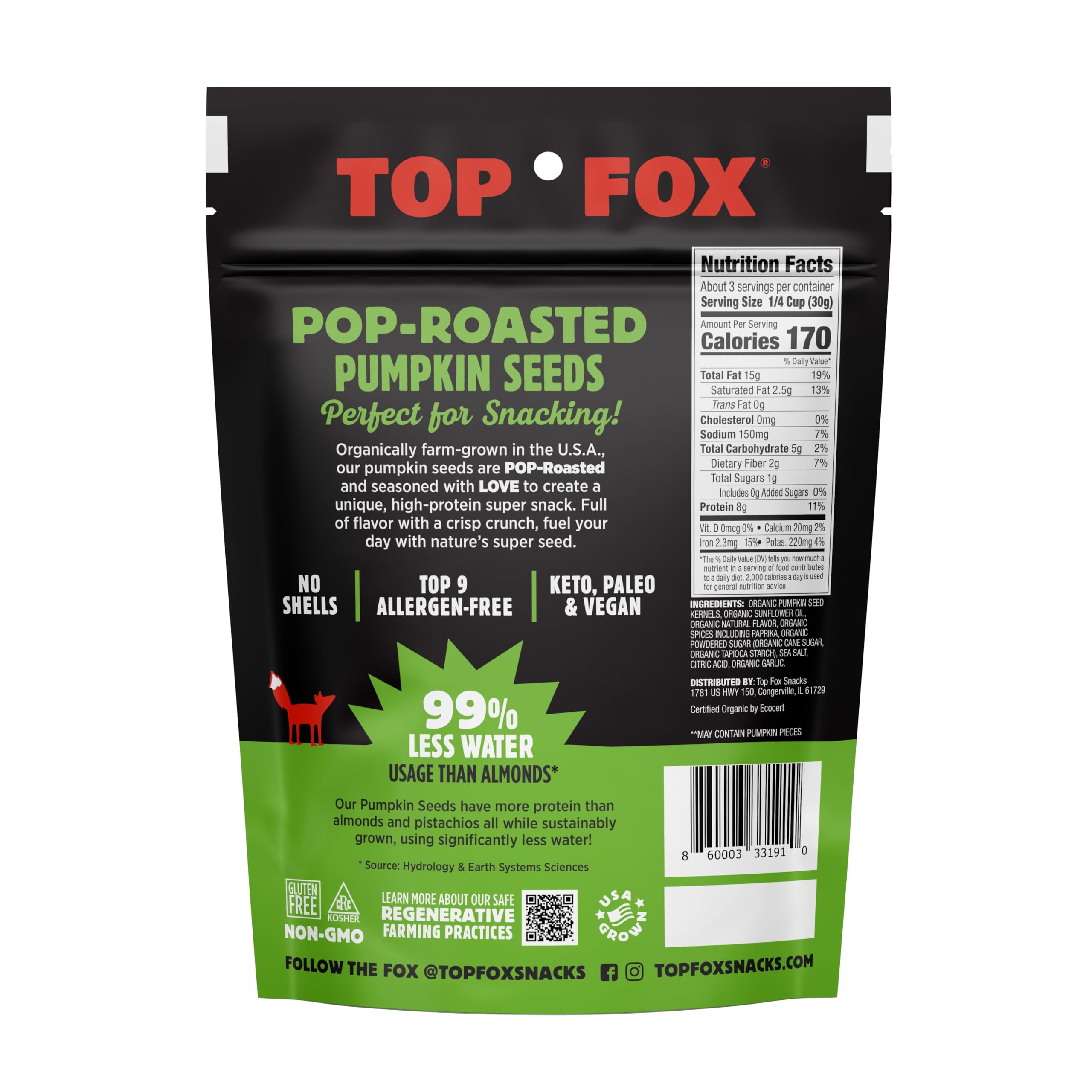 Organic Pop-Roasted Pumpkin Seeds by Top Fox Snacks - Healthy Protein Snacks, Gluten Free, Keto & Vegan Friendly (Chile Lime Flavor, 3.5oz - 6 Pack) - Perfect for On-the-Go Snacking, Workout Fuel & Keto Diet