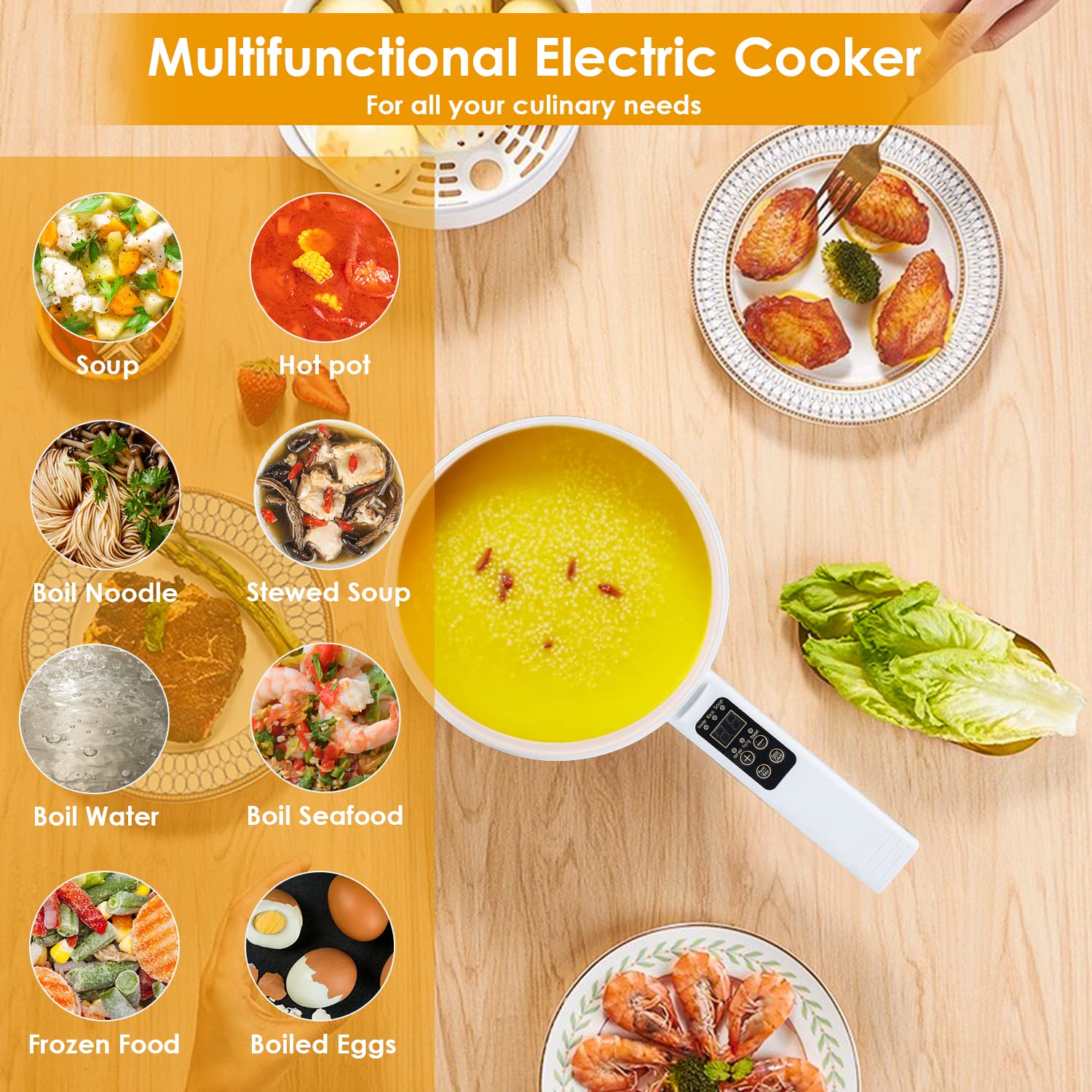 1.8L Electric Hot Pot with Non-Stick Coating - Multi-Functional Cooker for Ramen, Steak, Eggs, Rice & Soup | Smart Button Control | Perfect for Dorm, Office & Small Kitchen Cooking