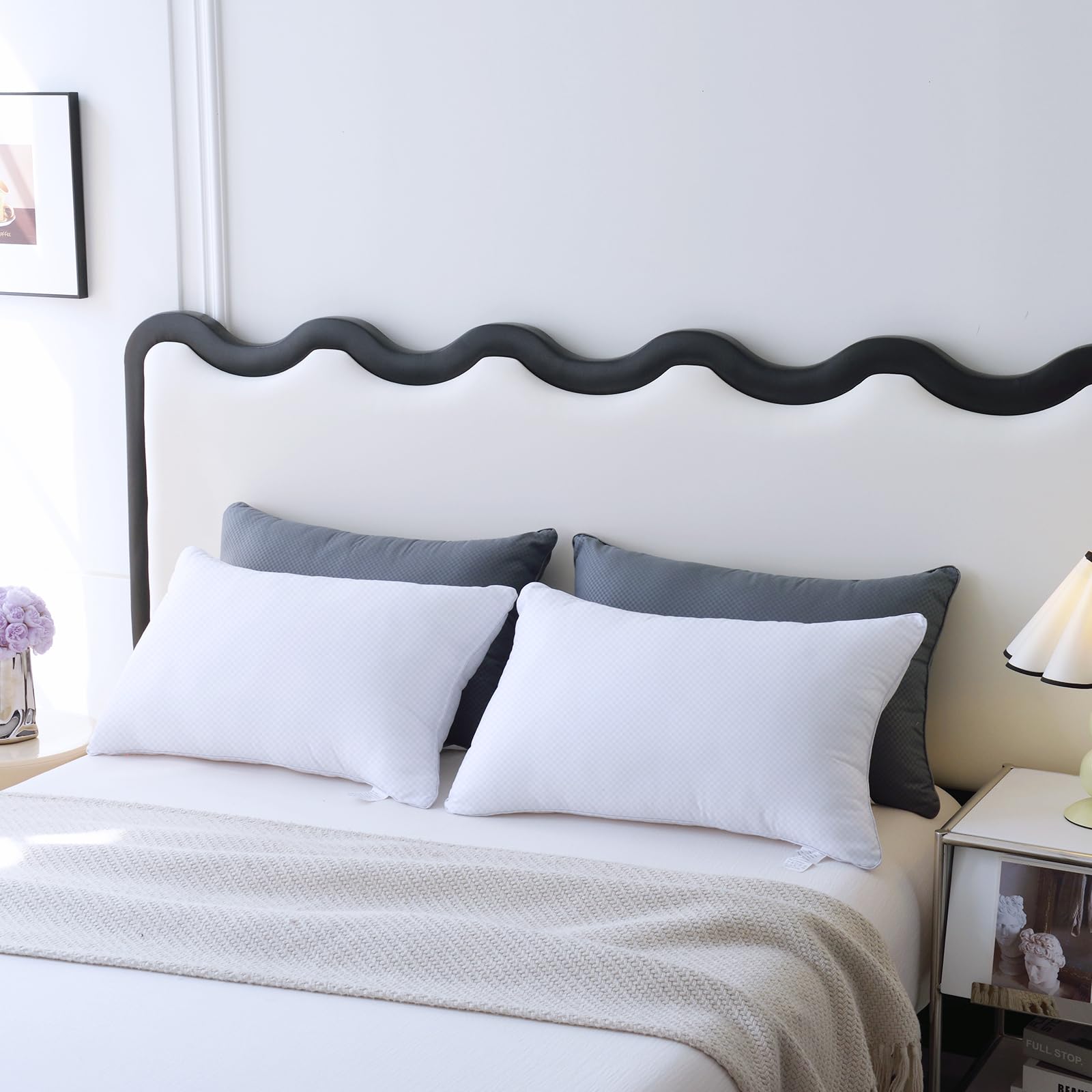 Premium Bed Pillows Set of 4 - Standard Size Soft Hotel Pillows with Hypoallergenic Down Alternative Filling for Side, Back & Stomach Sleepers | 2 White & 2 Grey Fluffy Pillows for Ultimate Comfort - Perfect for Home, Hotel, Guest Room & Airbnb Use