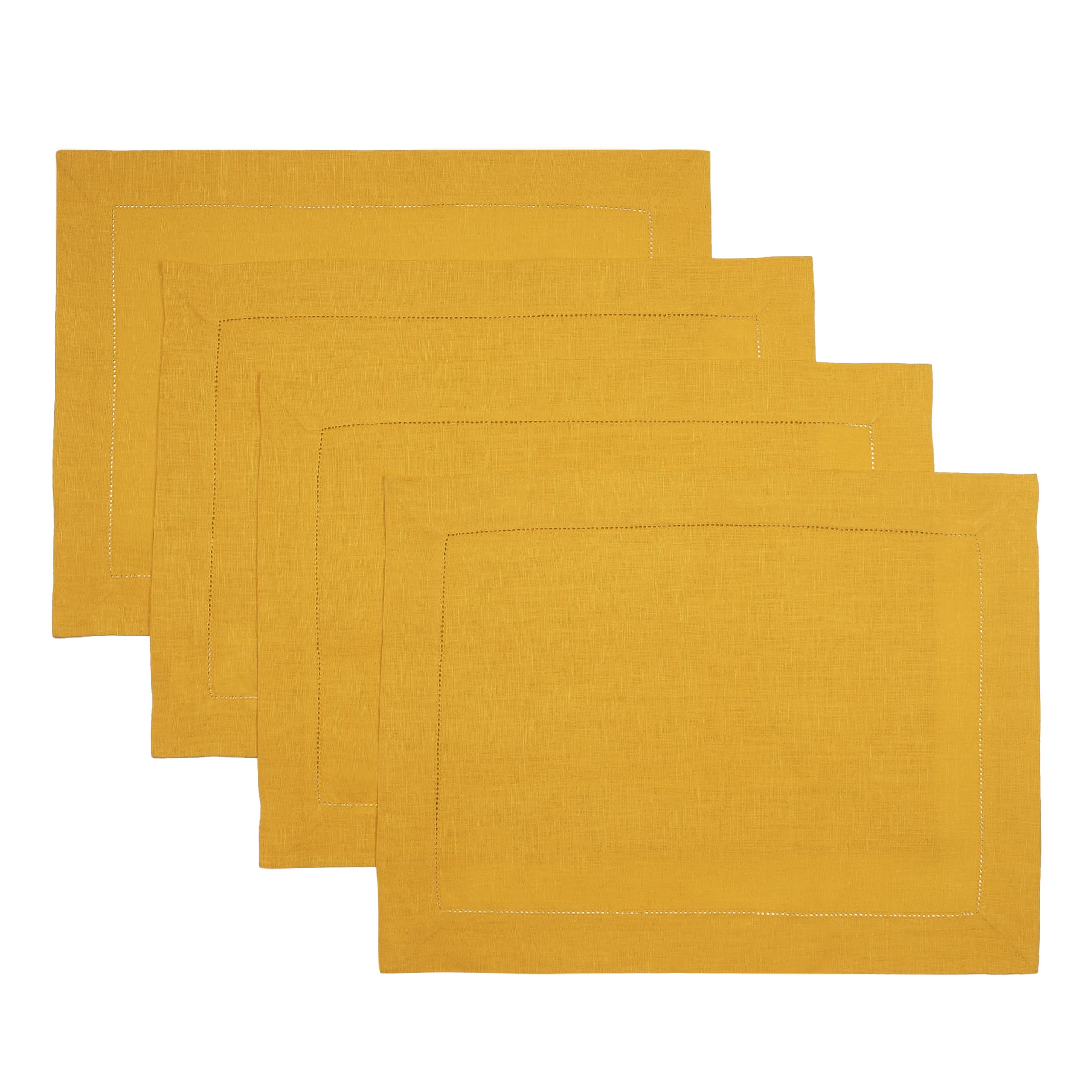 D'Moksha Homes 100% Pure Linen Placemats Set of 4 - Sunflower Yellow 14x19 Inch Table Mats with Classic Hemstitch, Washable & Durable for Easter, Spring Dining, Kitchen Decor, and Party Table Setting