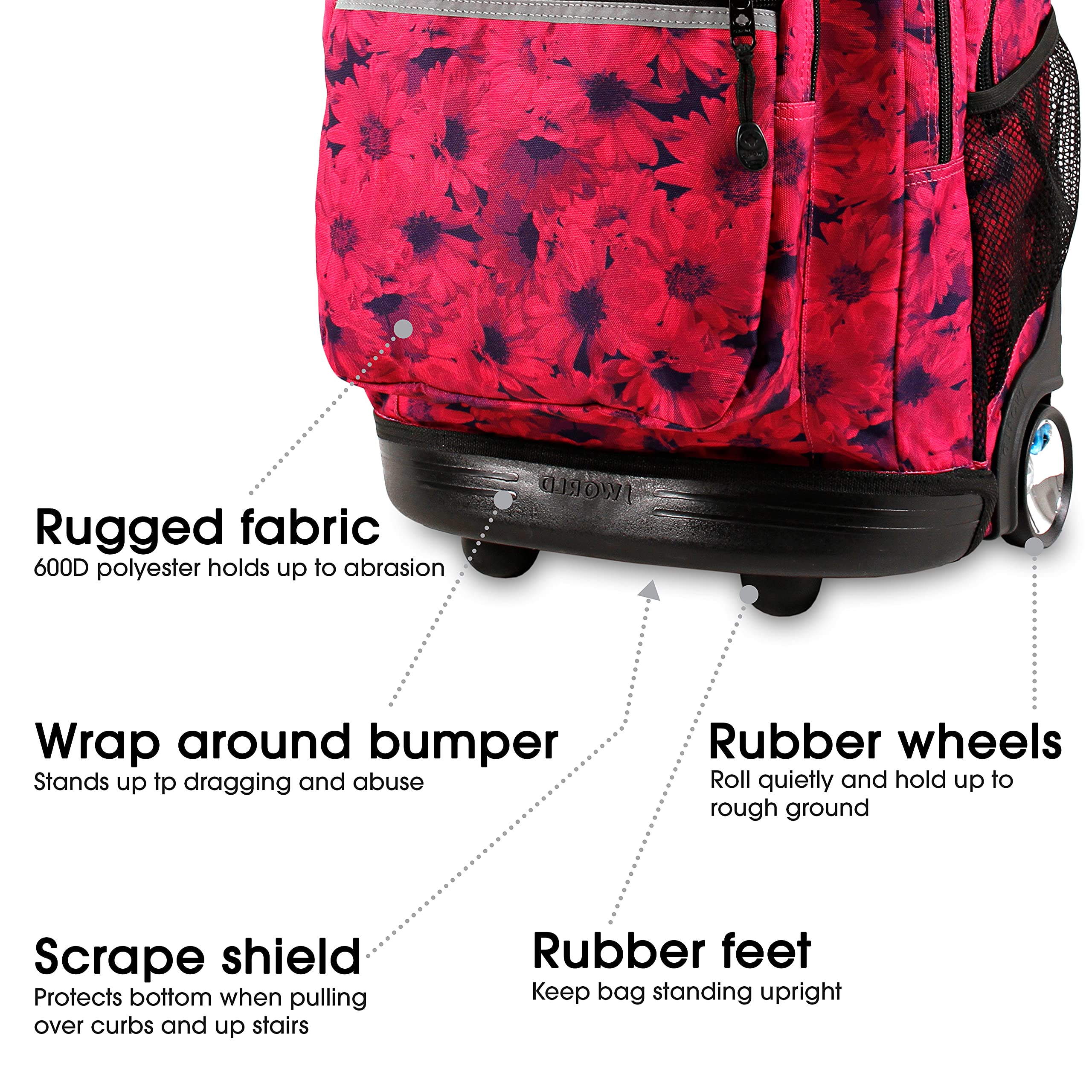 J World New York Sundance 20 Inch Rolling Backpack for Kids - Durable Wheeled Bookbag for School & Travel, Bellis Design - Perfect for Students, Commuters & Airplane Carry-On