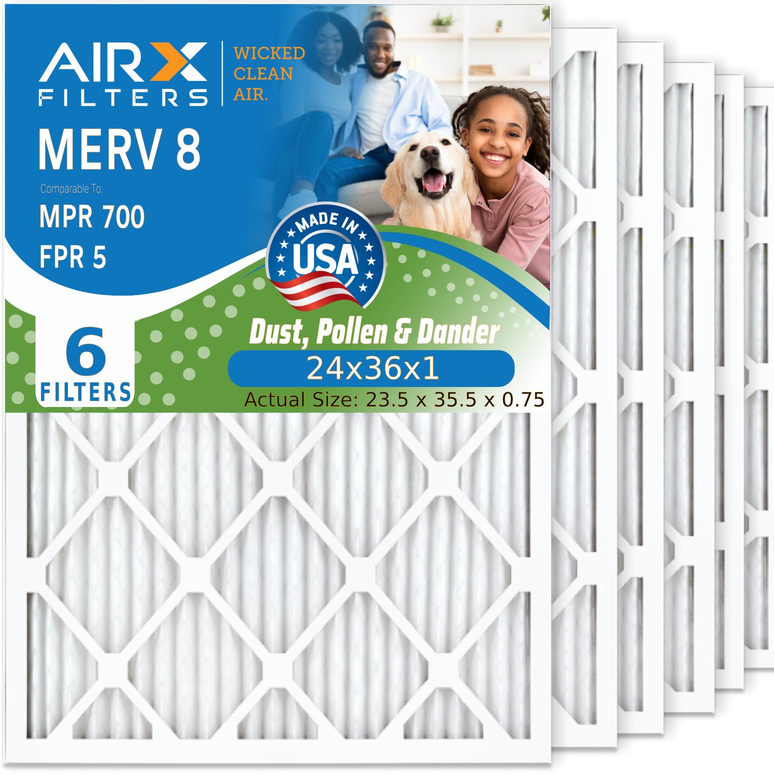 24x36x1 MERV 8 Electrostatic Pleated Air Filter - 6 Pack for HVAC, AC & Furnace | AIRX WICKED CLEAN AIR Filters | Improves Indoor Air Quality in Homes & Offices
