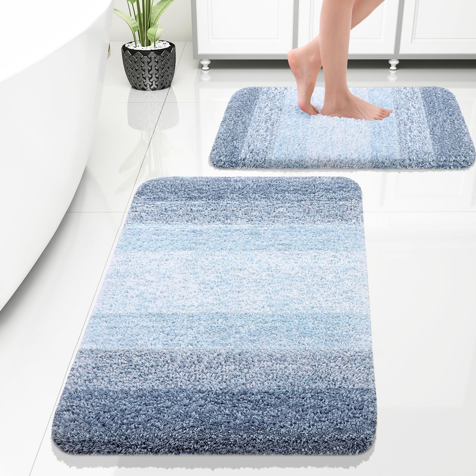 Olanly 2-Piece Soft Absorbent Microfiber Bathroom Rug Set - Non-Slip Machine Washable Plush Shaggy Bath Mats (30