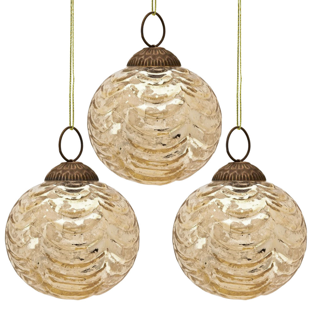 3 Pack Gold Nola Mercury Glass Waved Ball Ornaments - Elegant Christmas Tree Decorations for Holiday Home Decor, Party & Gift Giving
