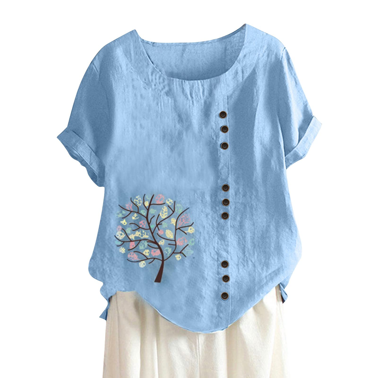Women's Floral Printed Cotton Linen Tunic Blouse - Short Sleeve Crew Neck Loose Fit Casual Top for Summer Outfits, Beach Wear & Boho Style Fashion