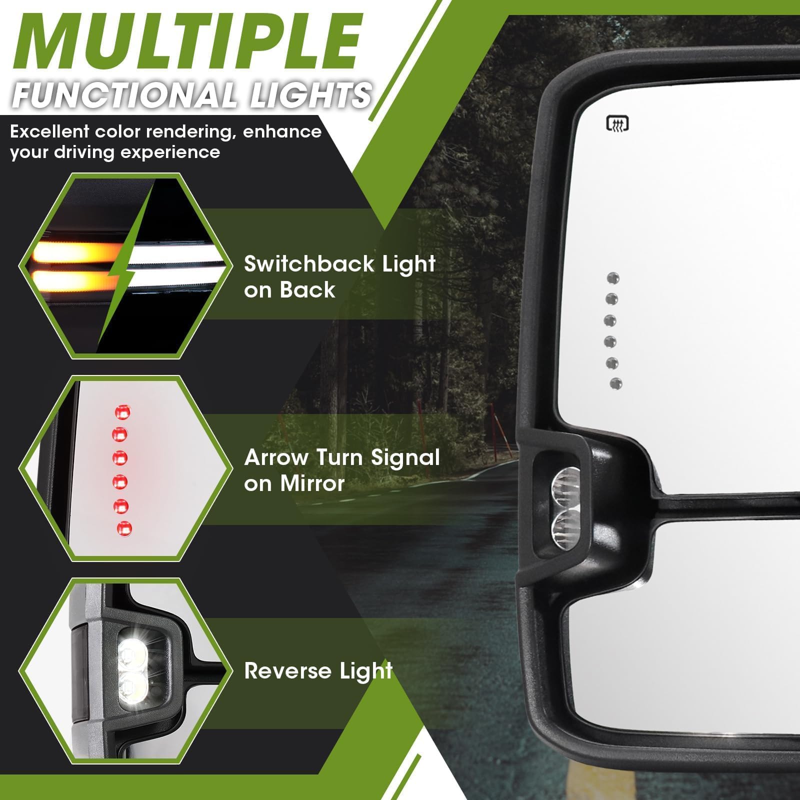 2003-2007 Chevy Silverado GMC Sierra Switchback Towing Mirrors - Power Heated Extendable Side Mirrors with Dynamic Turn Signal, Running Light & Backup Lamp (Black) - Perfect for Towing, Camping & Off-Road Adventures
