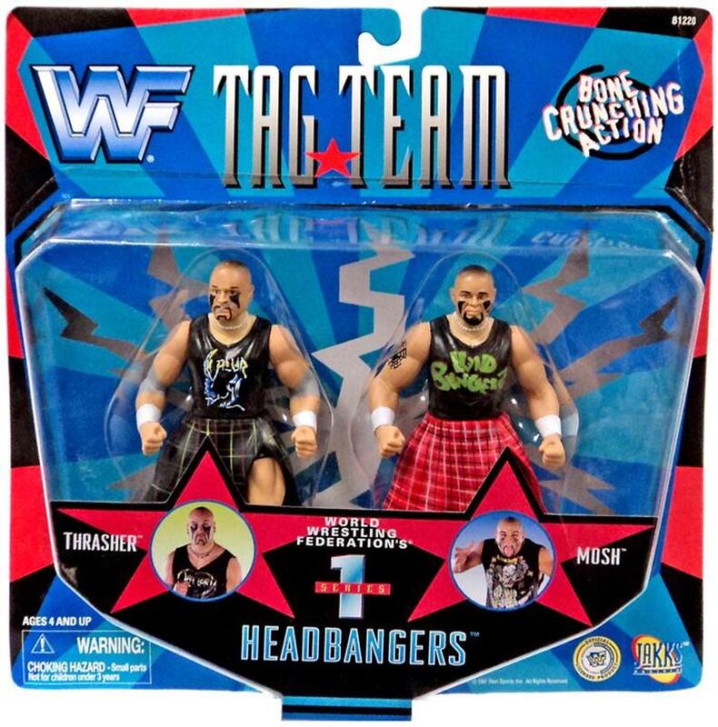 Vintage 1997 WWF Jakks Pacific Tag Team Series 1 Headbangers Wrestling Action Figures - Thrasher & Mosh Collectible Toy for WWE Fans | Perfect for Display, Play & Nostalgic Wrestling Memorabilia Collections
