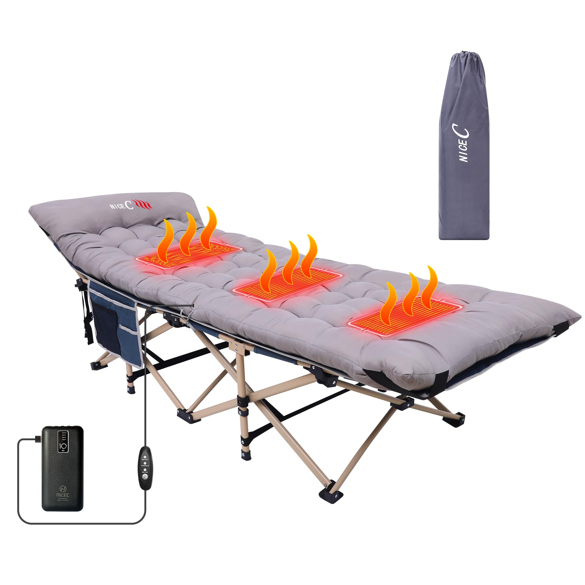 Premium Heated Camping Cot for Adults - Extra Wide Folding Cot with Mattress, Pillow & Carry Bag - Supports 500 lbs - Ideal for Outdoor Camping, Backpacking & Emergency Use (Grey)