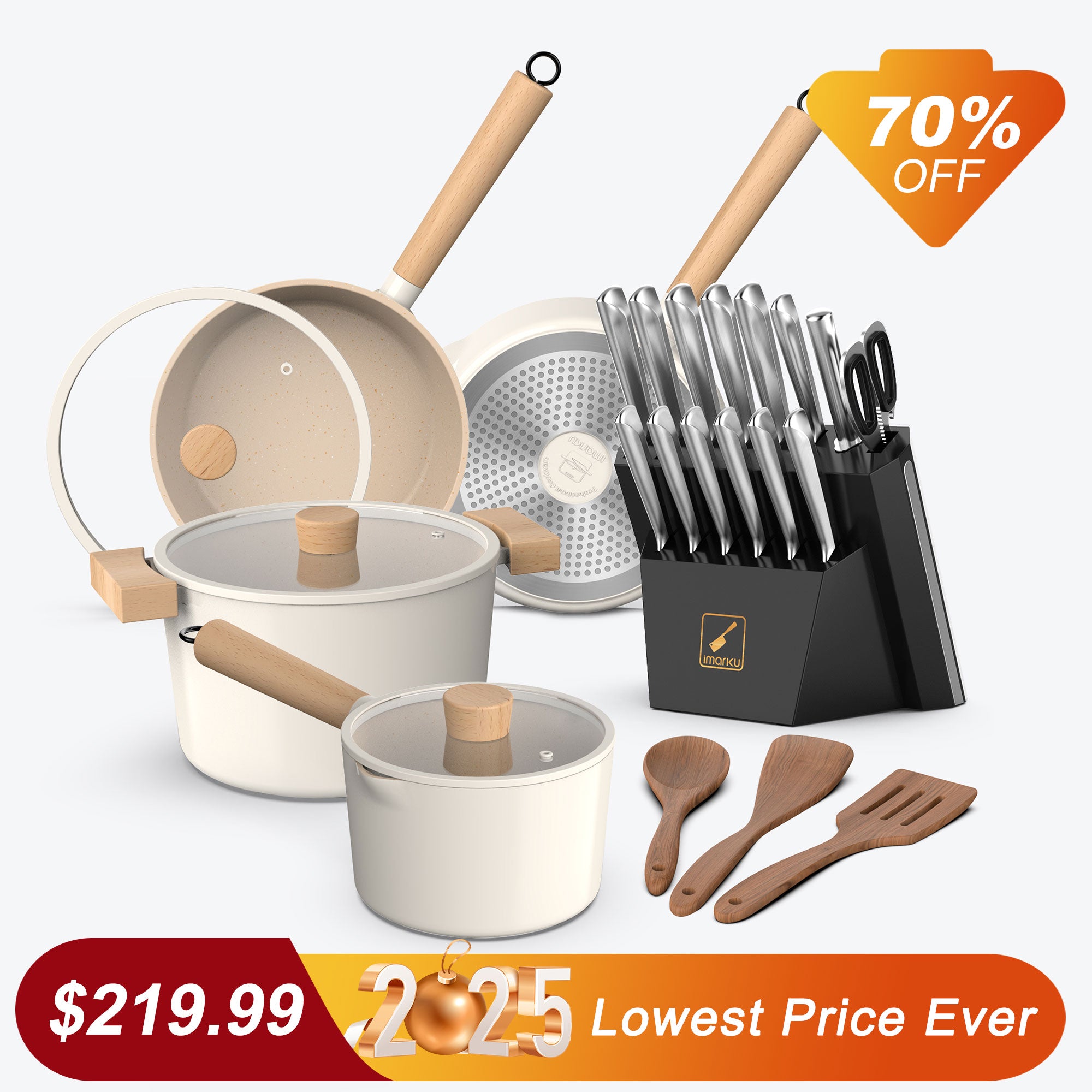 Premium Pure White Granite Nonstick Cookware Set & 15-Piece Stainless Steel Kitchen Knife Set Bundle - Perfect for Home Cooking, Baking & Meal Prep