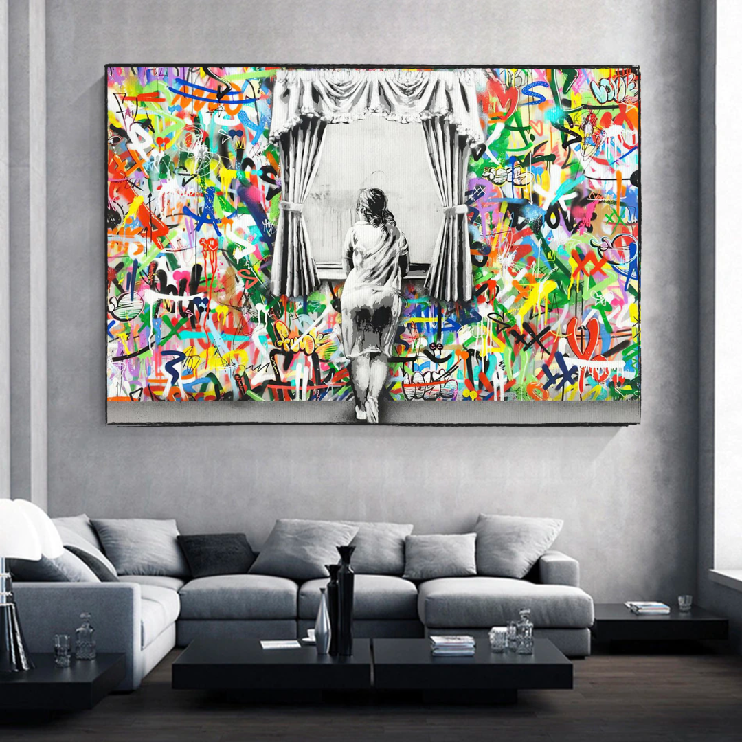 Banksy Freedom Curtains Lady Canvas Wall Art Print - Street Art Home Decor for Living Room, Bedroom & Office - Modern Urban Wall Hanging for Art Lovers