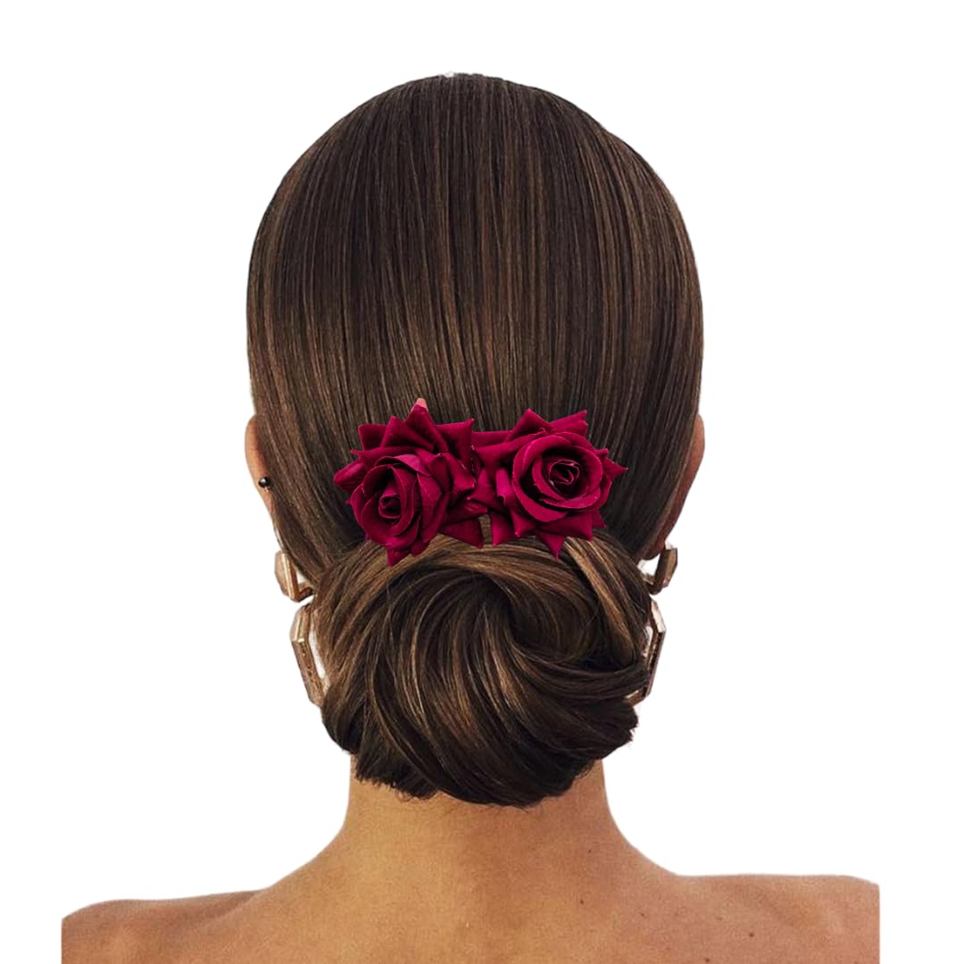 Elegant Dual Rose Flower Hair Comb Slide - Vintage Rose Hairpin for Women & Girls (Maroon) | Perfect for Weddings, Prom, Parties & Everyday Hairstyling