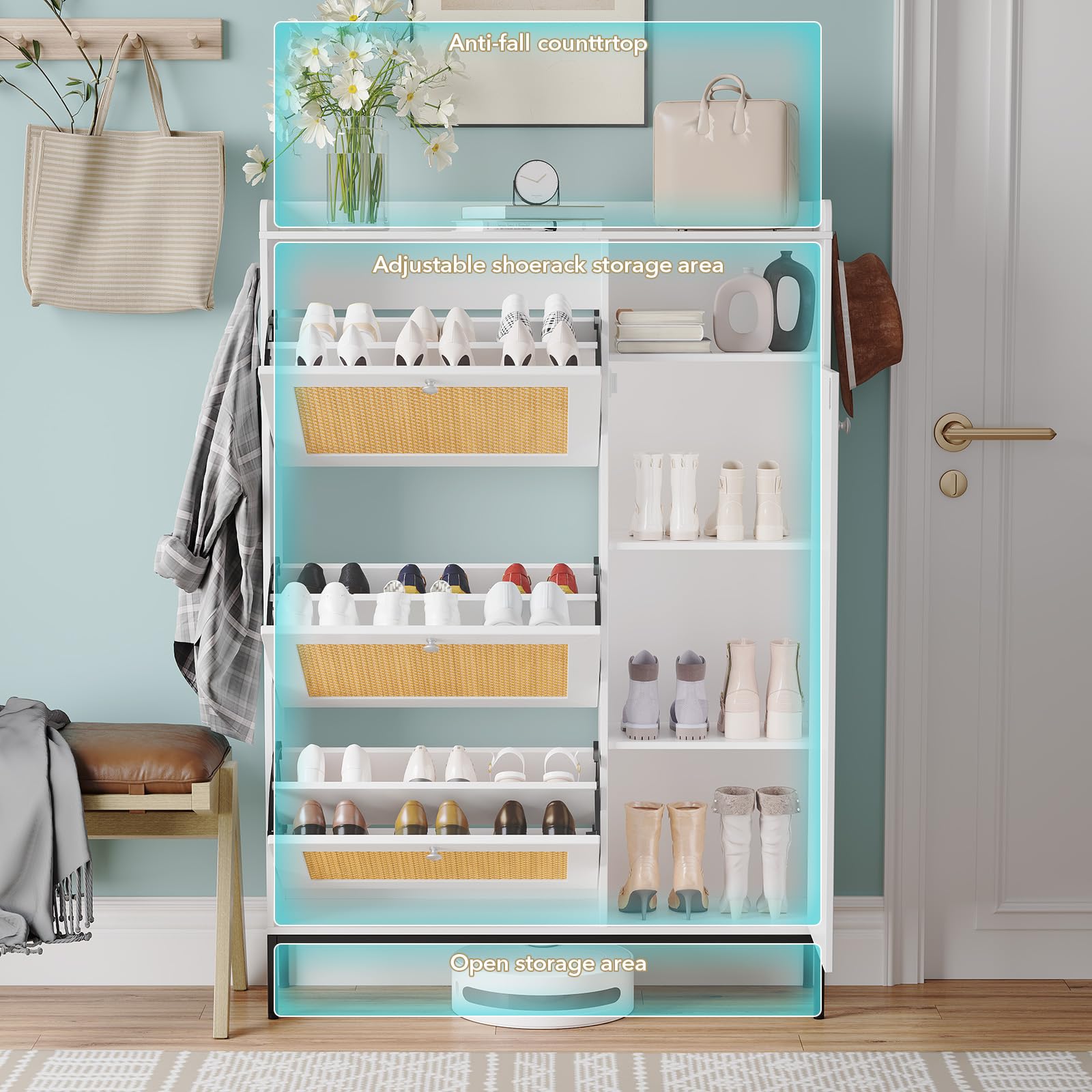 GAOMON 3-Tier Flip Drawer Shoe Storage Cabinet - Freestanding Rattan Organizer with Adjustable Shelves & Metal Knob for Entryway, Hallway, Bedroom - Narrow Shoe Rack for Small Spaces (White, Easy Assembly) - Perfect for Organizing Shoes, Hats & Accessories in Compact Areas