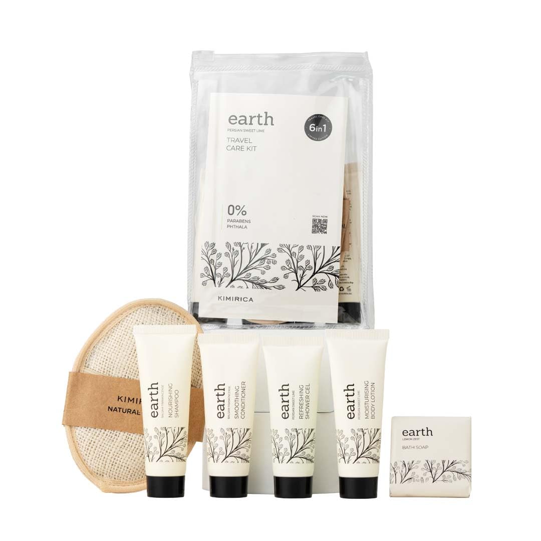 Kimirica Luxury Travel Bath & Body Care Set | 6-in-1 Vegan Self-Care Kit with Reusable Pouch | Perfect for Vacation, Gym, Business Trips & Gifts