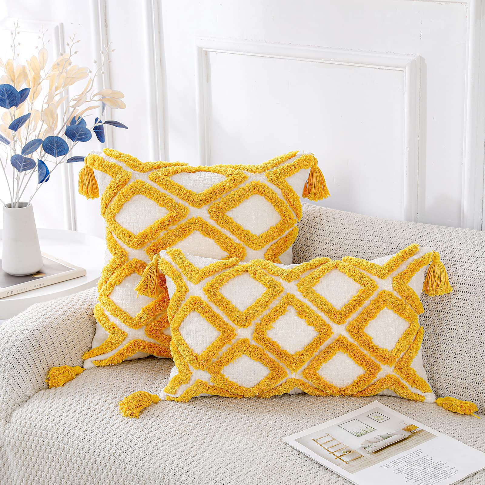 PANOD Super Soft Farmhouse Decorative Plush Throw Pillow Covers 12x20 Inch - Yellow Solid Diamond Pattern with Tassels, Tufted Boho Lumbar Cushion Cover for Sofa, Couch & Bed - Cozy Home Decor Accent Pillow Case for Living Room, Bedroom