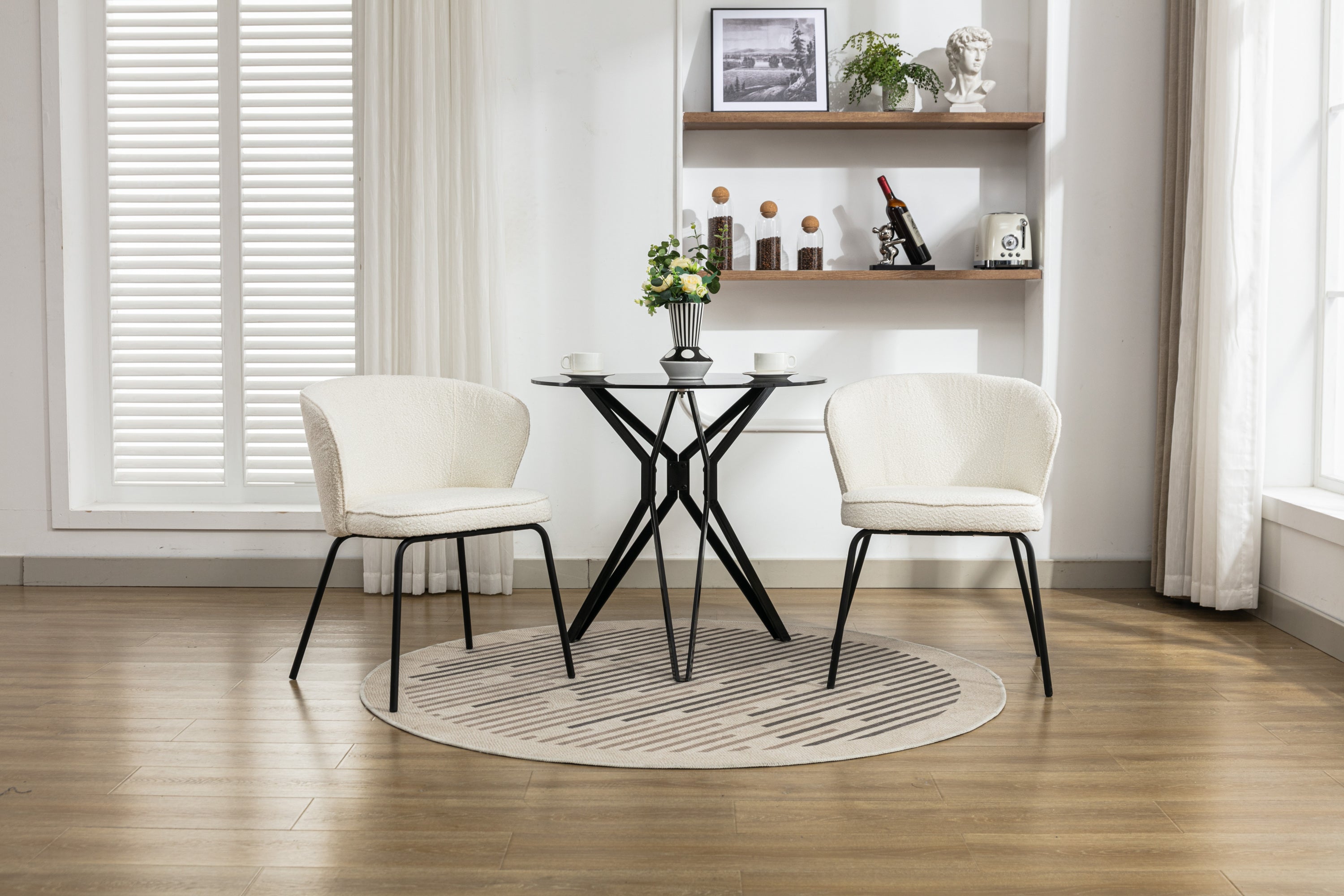 Set of 2 Modern Boucle Fabric Dining Chairs with Black Metal Legs in Ivory - Comfortable Upholstered Side Chairs for Kitchen, Dining Room, and Office Use