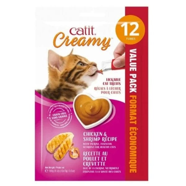 Catit Creamy Lickable Cat Treats - Chicken & Shrimp Recipe for Adult & Senior Cats | High Protein Wet Cat Food Topper | Perfect for Picky Eaters & Hydration Support