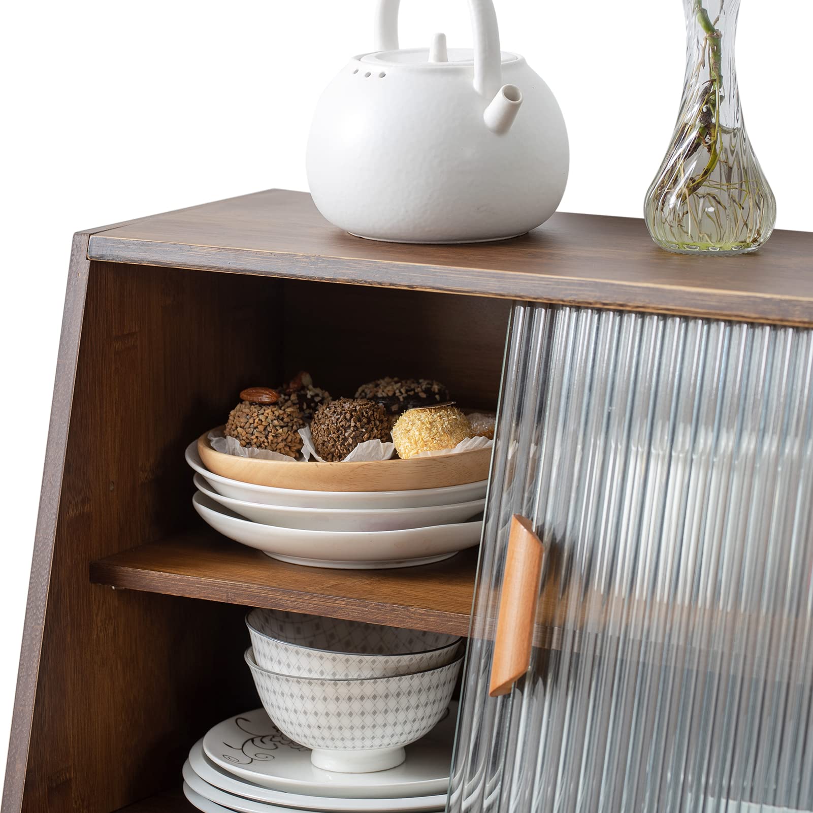 Small Bamboo Kitchen Pantry Cabinet with 2 Sliding Glass Doors - Freestanding Storage for Bottles, Dishes & Bowls - Walnut Finish Sideboard for Dining Room & Kitchen Organization
