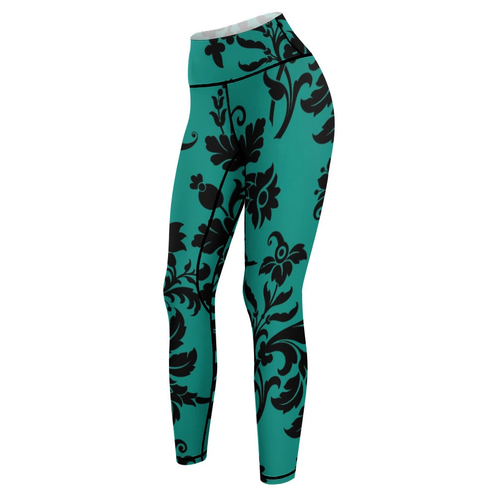 Stylish Black Floral Print Teal Yoga Pants for Women - Comfortable High-Waisted Workout Leggings for Yoga, Gym & Lounge Wear