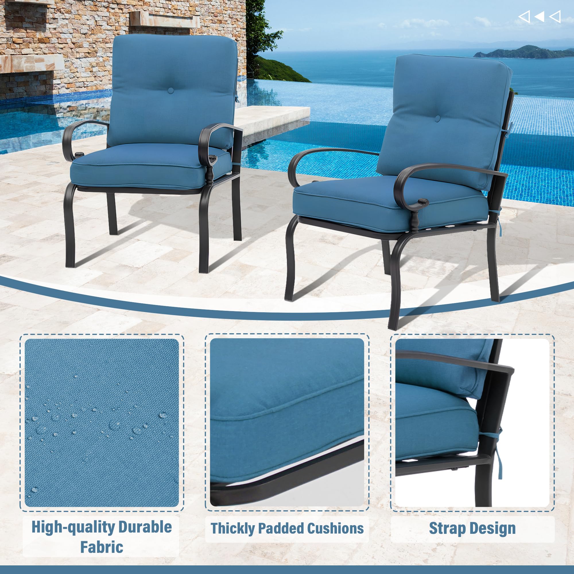 2 Pcs Patio Dining Chairs Bistro Set - Wrought Iron Outdoor Furniture with Blue Cushions, All-Weather Garden Seating for Backyard, Balcony or Poolside Relaxation