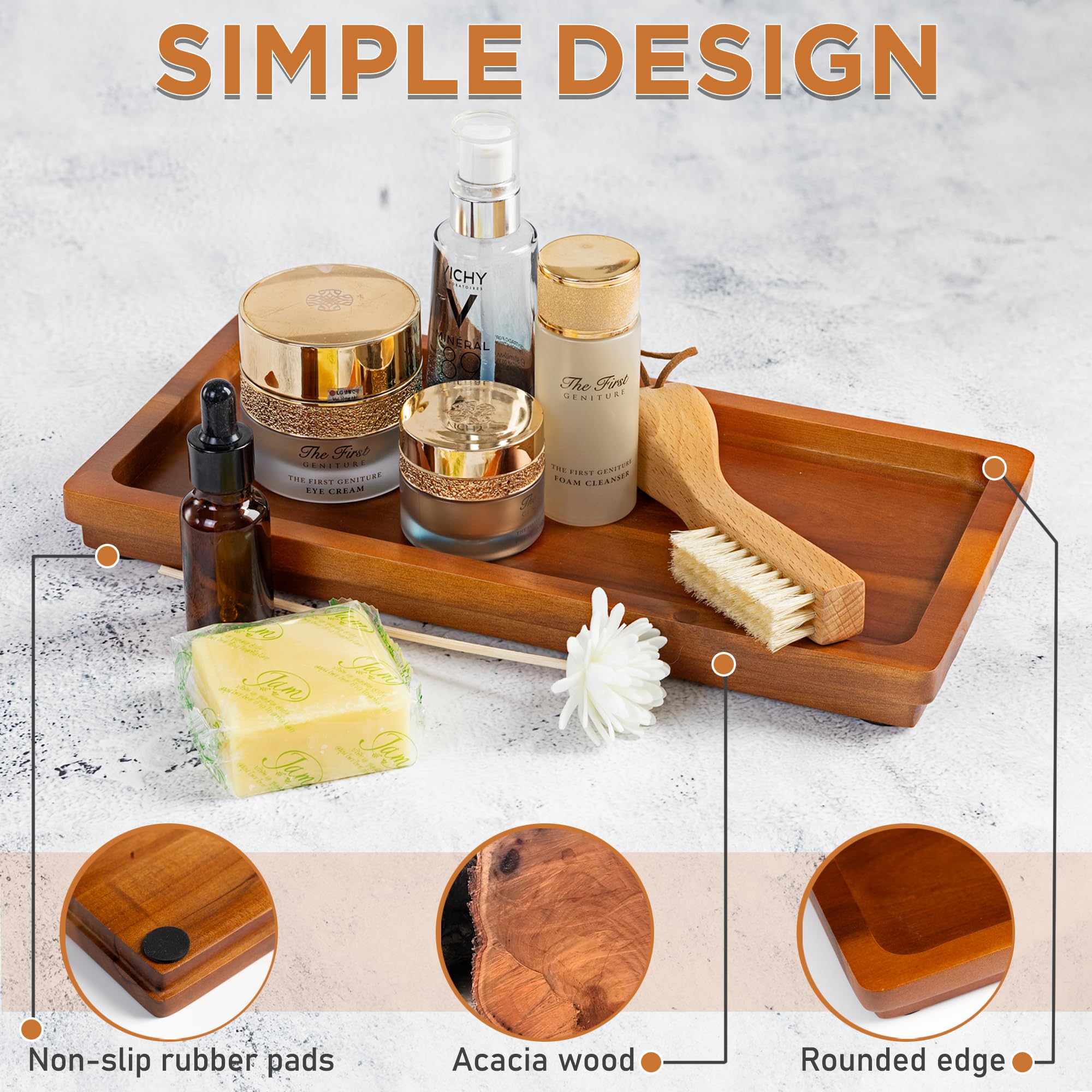 11.8 x 5.9 Inch Acacia Wood Bathroom Vanity Tray - Premium Natural Wood Organizer for Cosmetics, Jewelry, Perfume & Keys - Elegant Countertop Decor for Bathroom, Kitchen, Sink & Toilet Tank - Perfect for Home Organization & Gift Giving