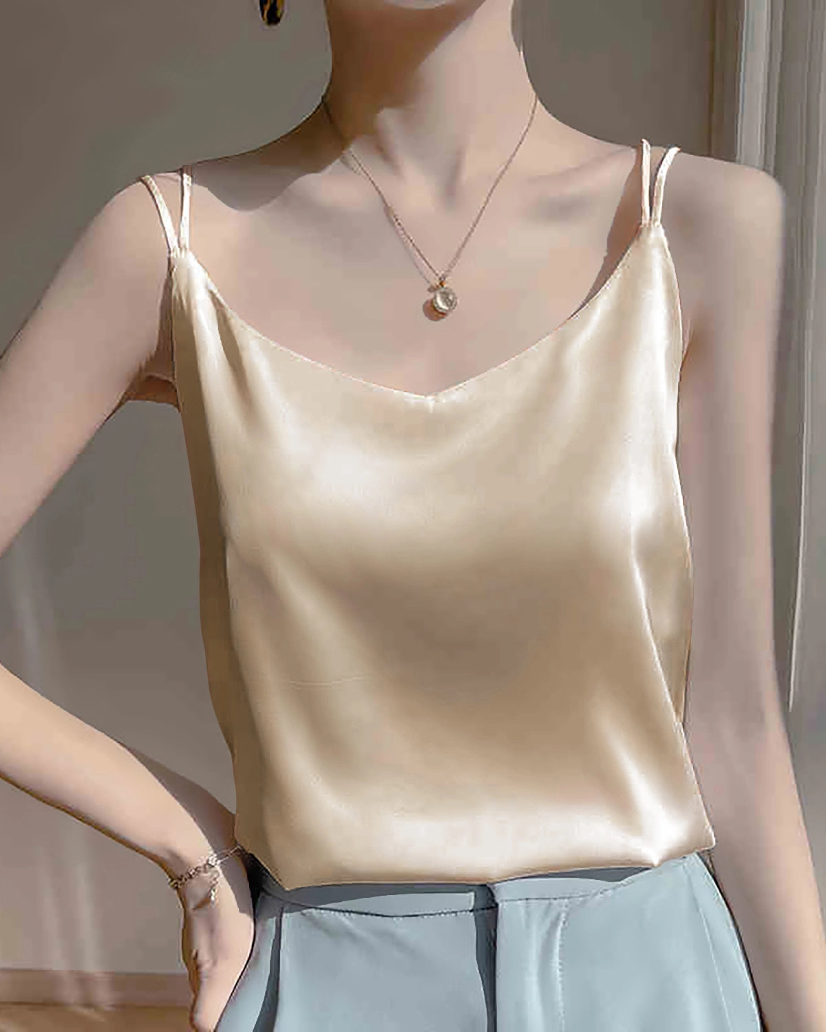 Silk Spaghetti Strap Cross Back Camisole Top for Women - Elegant Satin Sleepwear & Loungewear for Date Night or Relaxing at Home