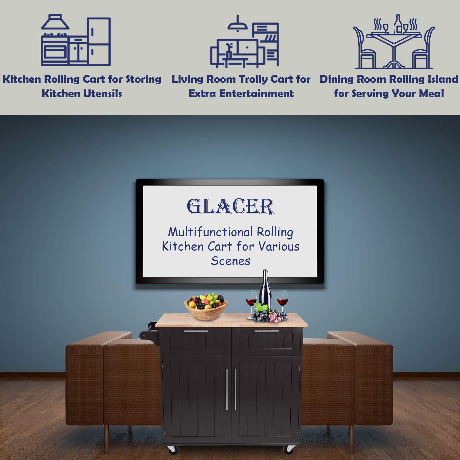 GLACER Mobile Kitchen Island Cart with Rubber Wood Top, Side Handle, Large Drawers & 2-Door Cabinet - 37 x 18 x 37 Inches, Brown | Rolling Kitchen Organizer for Small Spaces, Dining Room & Apartment Cooking